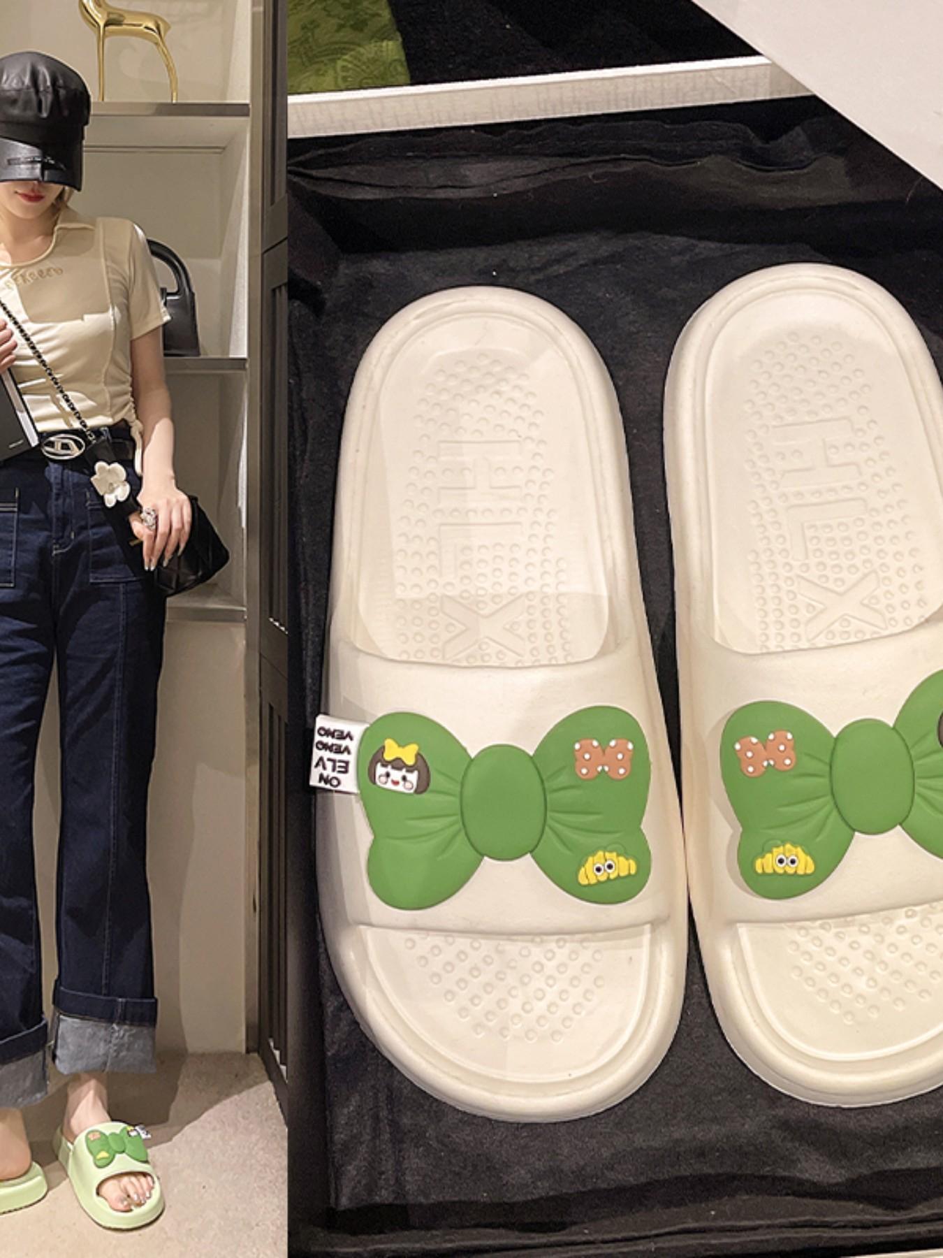 Summer Cartoon Bow Eva Slippers, Massage Insole Anti-Slip House Shoes, Cute Healing Style Indoor Outdoor Sandals