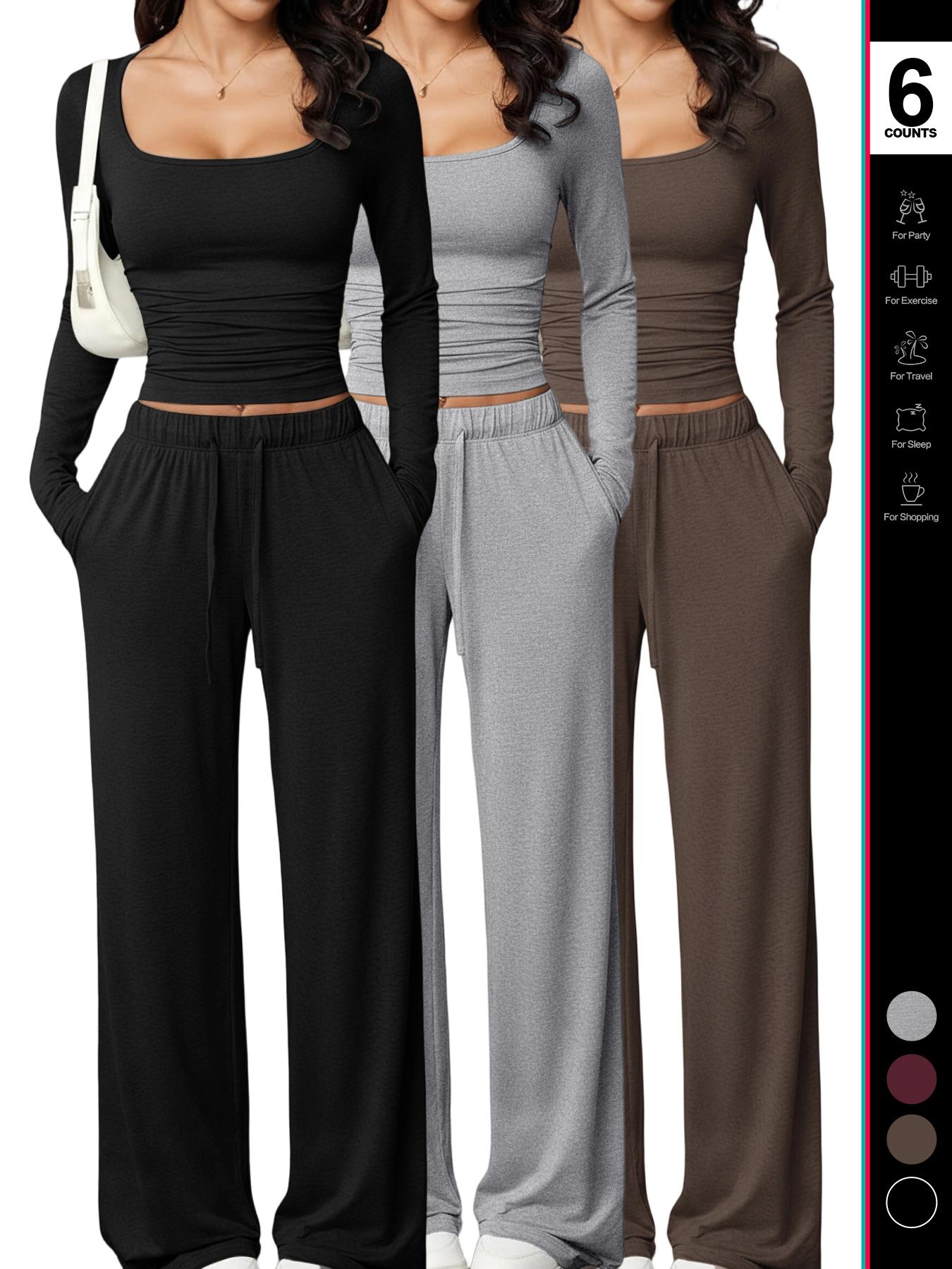 Women's 2 Piece Matching Lounge Set, Fitted Square Neck Long Sleeve Crop Top, High Waisted Wide Leg Drawstring Pants, Casual Sweatsuit