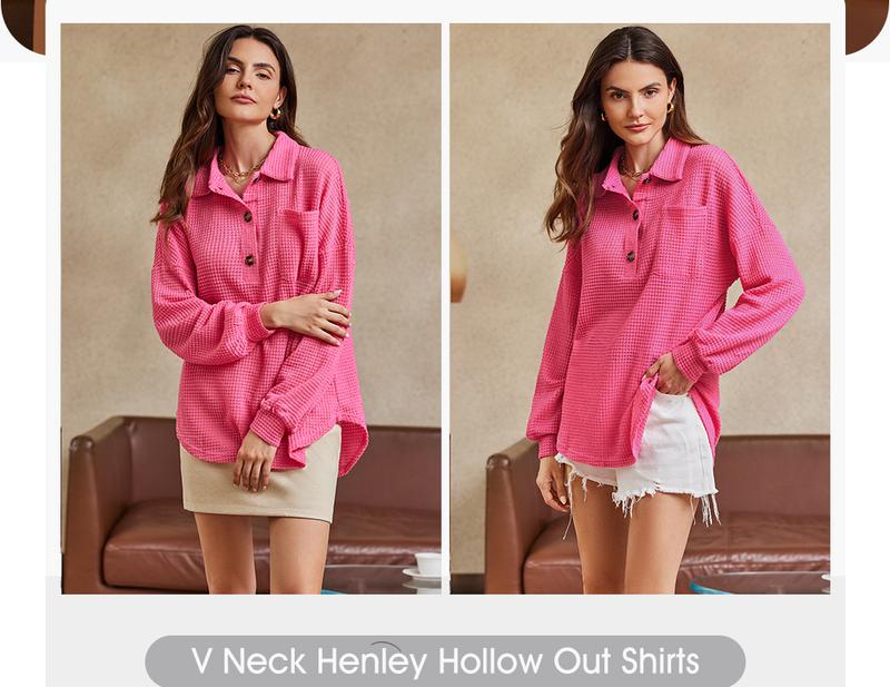 EVALESS Women's Oversized Henley Waffle Shirts Tops Button V Neck Long Sleeve Lightweight Mesh Knitwear Tunic Blouses 2026 Casual Fall Outfits Green Minimalist Style