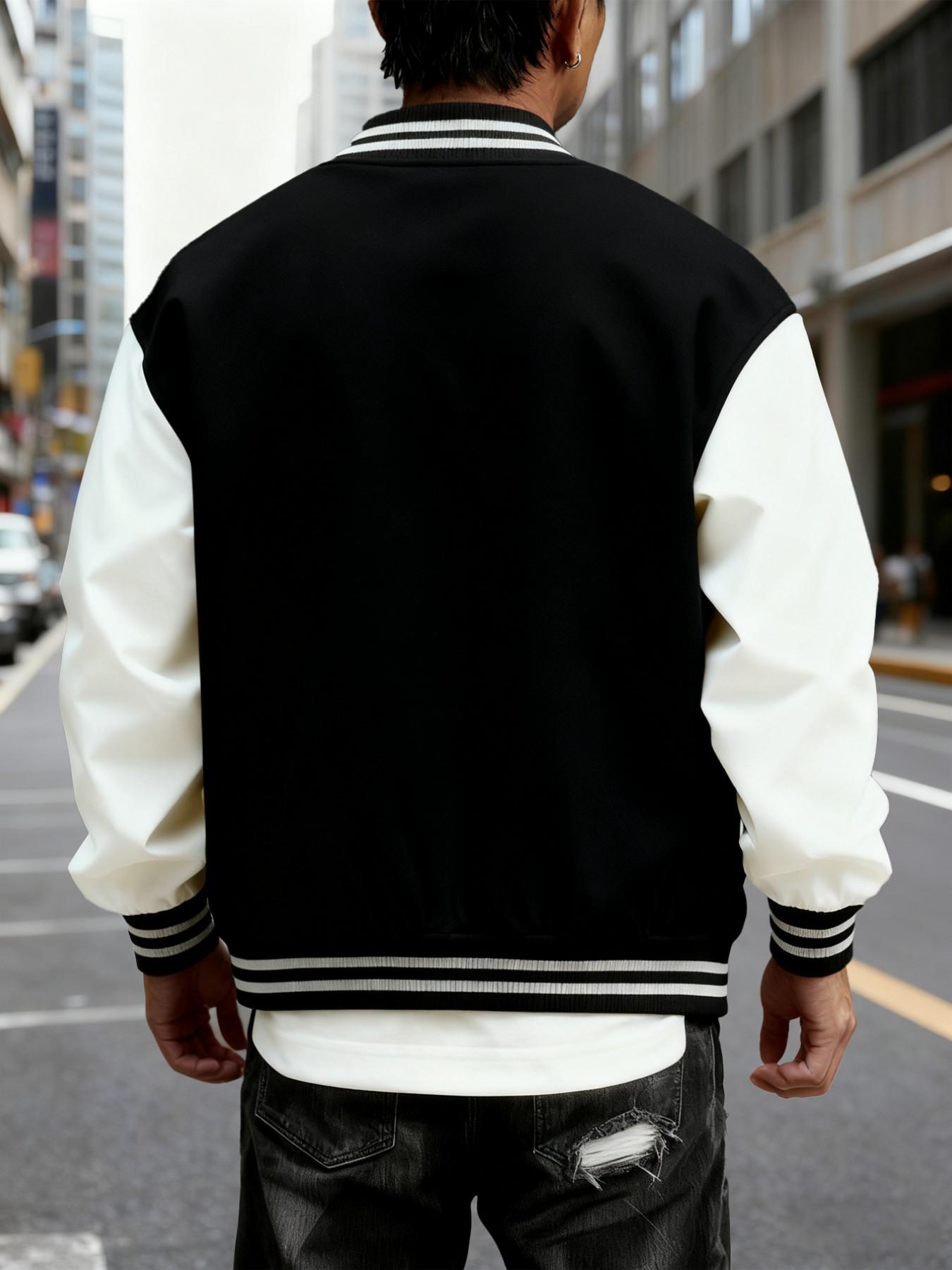 Men's Baseball Jacket, Chicago Style Geometric Pattern, Colorblock Sleeves, Button Closure, Stretchy Fabric, All Season Outerwear