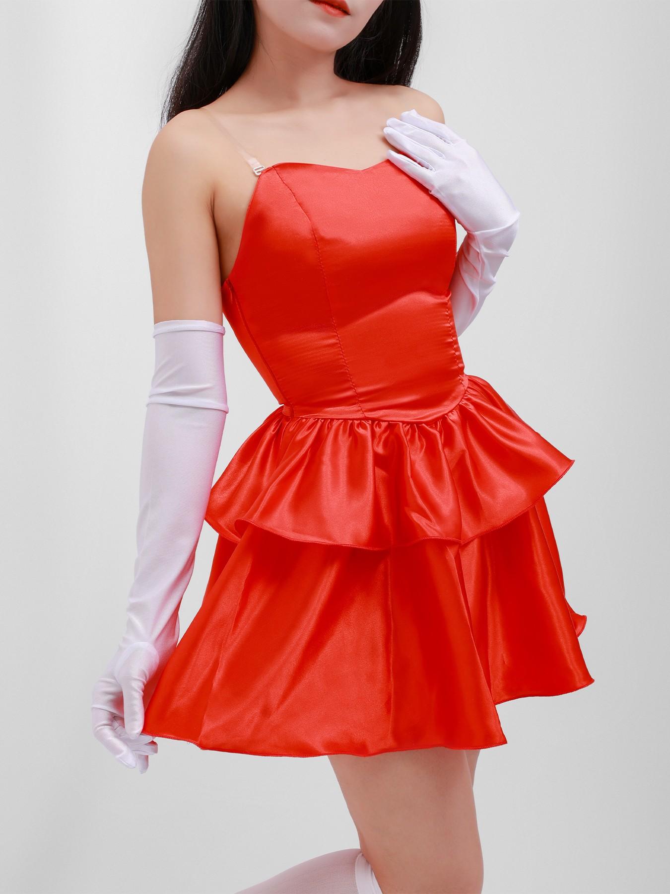 mima red dress Women Mima Costume- Red Strapless Tube Dress with Headband with Thigh-High Stockings and Gloves Perfect Blue Cosplay