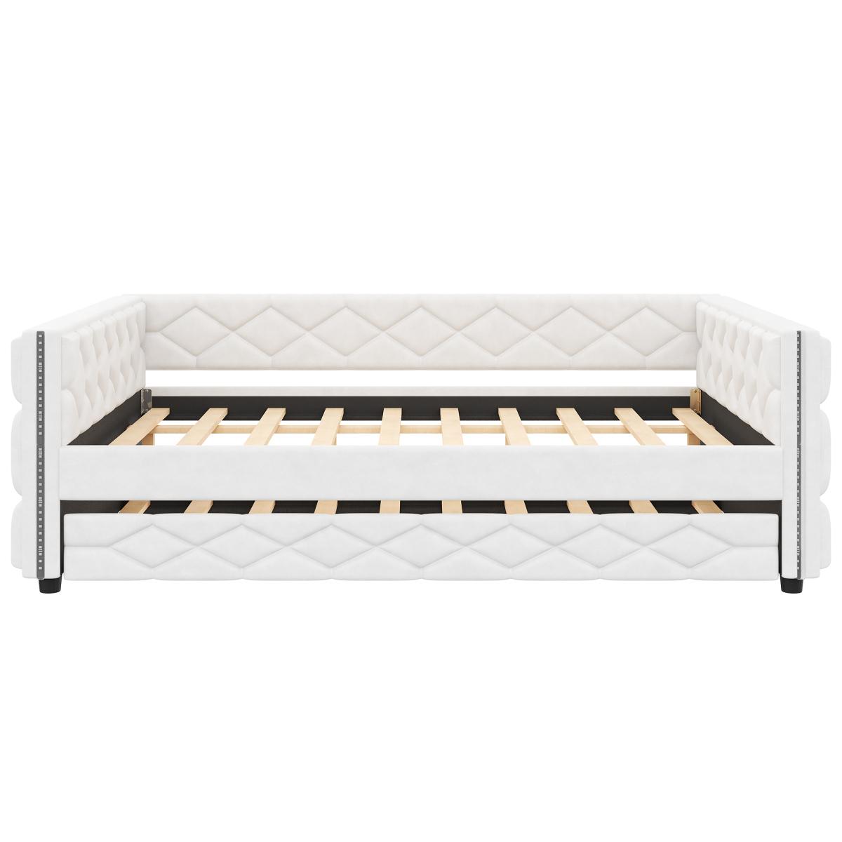 PU Leather Upholstered Daybed with Pull Out Trundle Bed, LED Light Armrests, Multi-Functional Sofa Bed, Solid Wood Frame for Guest Room PU Leather Upholstered Daybed with Pull Out Trundle Bed, LED Light Armrests, Multi-Functional Sofa Bed, Solid Wood Frame for Guest Room