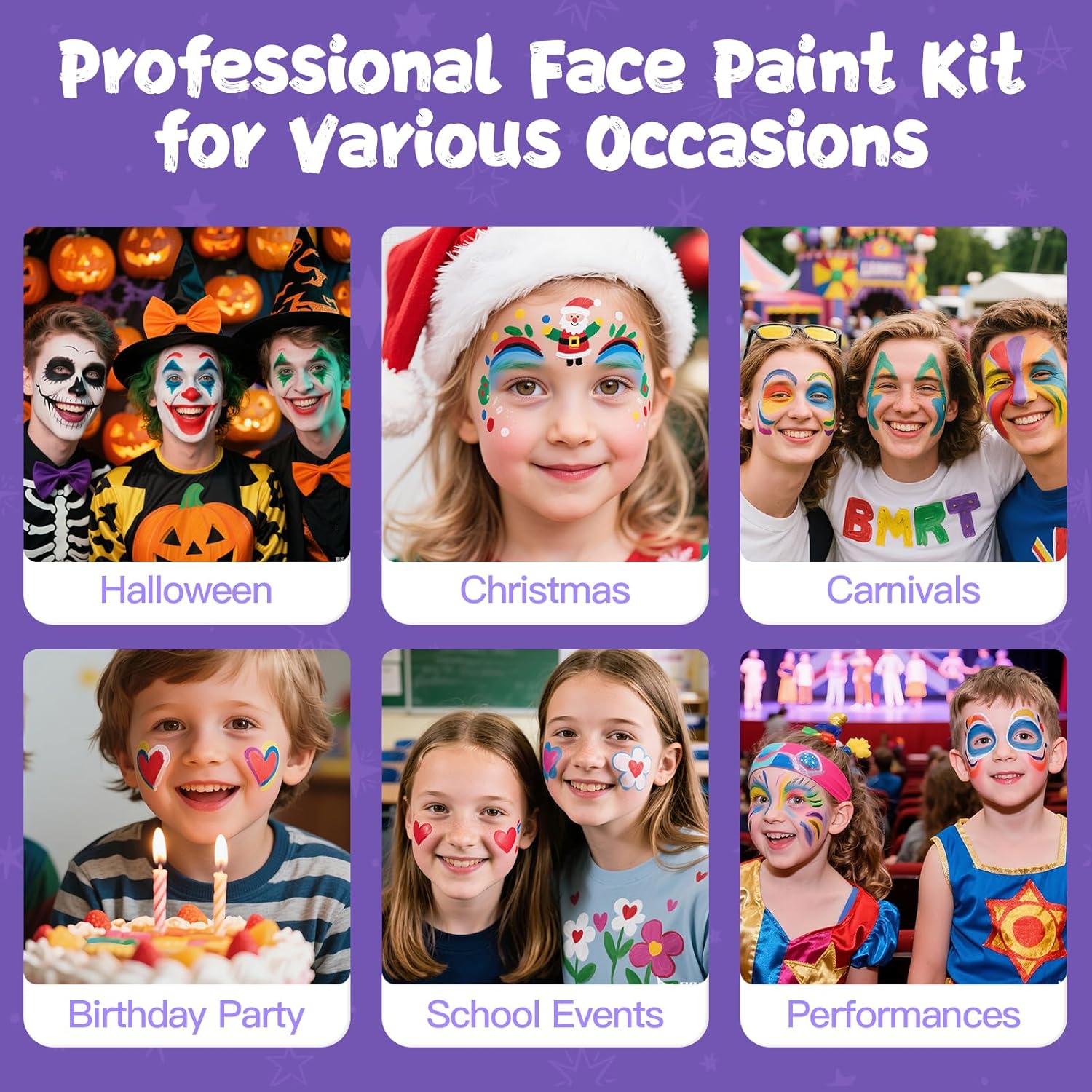 Face Painting Kit for Kids, 12 Colors Oil-Based Face Paint with 2 Brushes, Non-Toxic Halloween Makeup Kit, Professional Face Body Paint for Halloween, Parties, Carnival, School Events