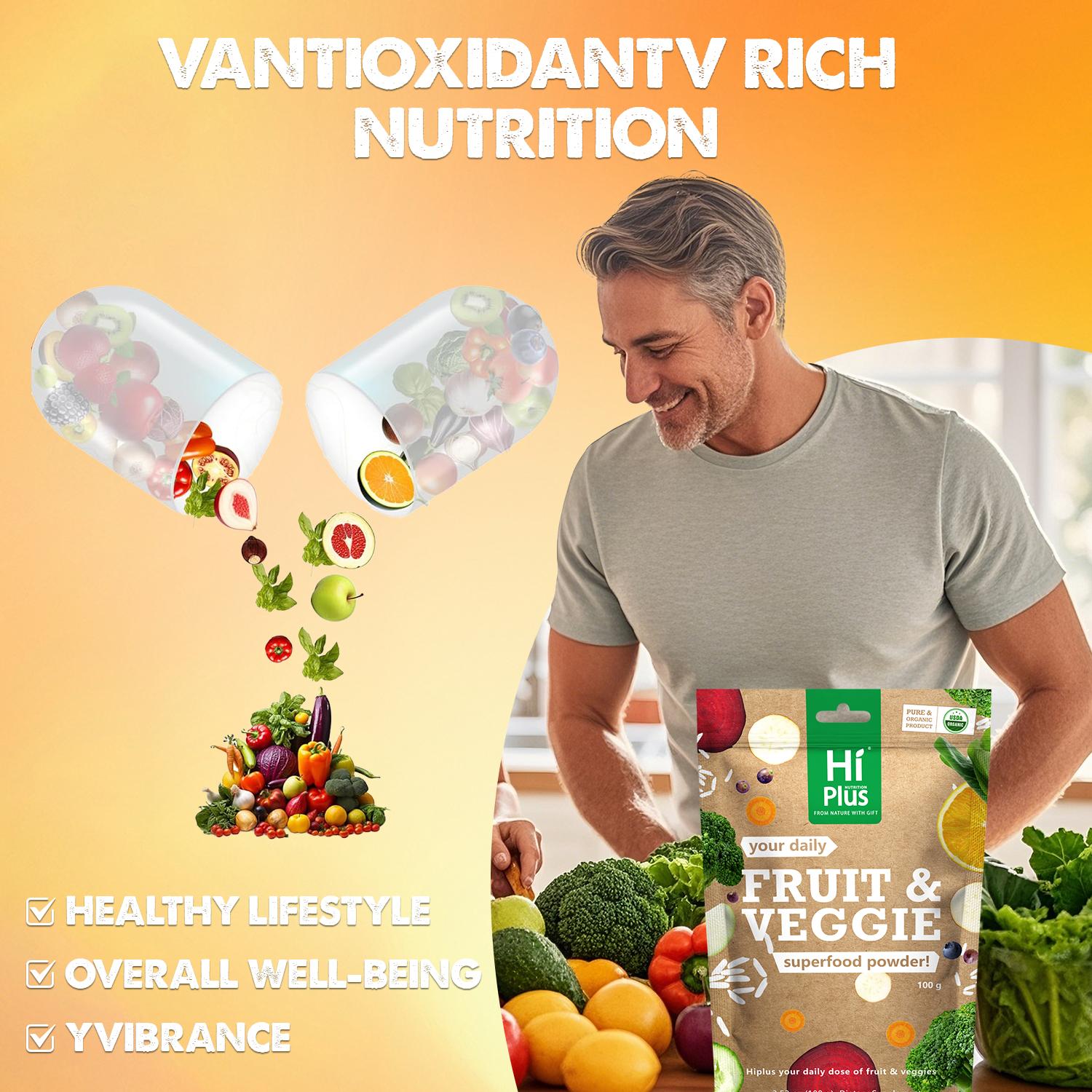 HiPlus Organic Fruits & Vegetables Powder Superfood Blend Daily Energy + Essential Vitamins | USDA Certified, Vegan Powder for Smoothies & Baking | Hidden vegetable recipes | 3.52oz pantry staple| Non-GMO, Gluten-Free, Easy Mixing