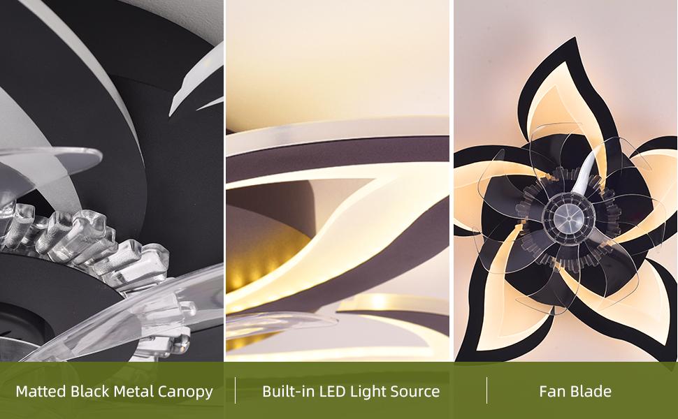 Ceiling Fans with Lights Remote Control, 27" Black, 6 Speeds 3 Light Color Lighting Low Profile Flush Mount Modern Ceiling Fan for Kitchen Bedroom