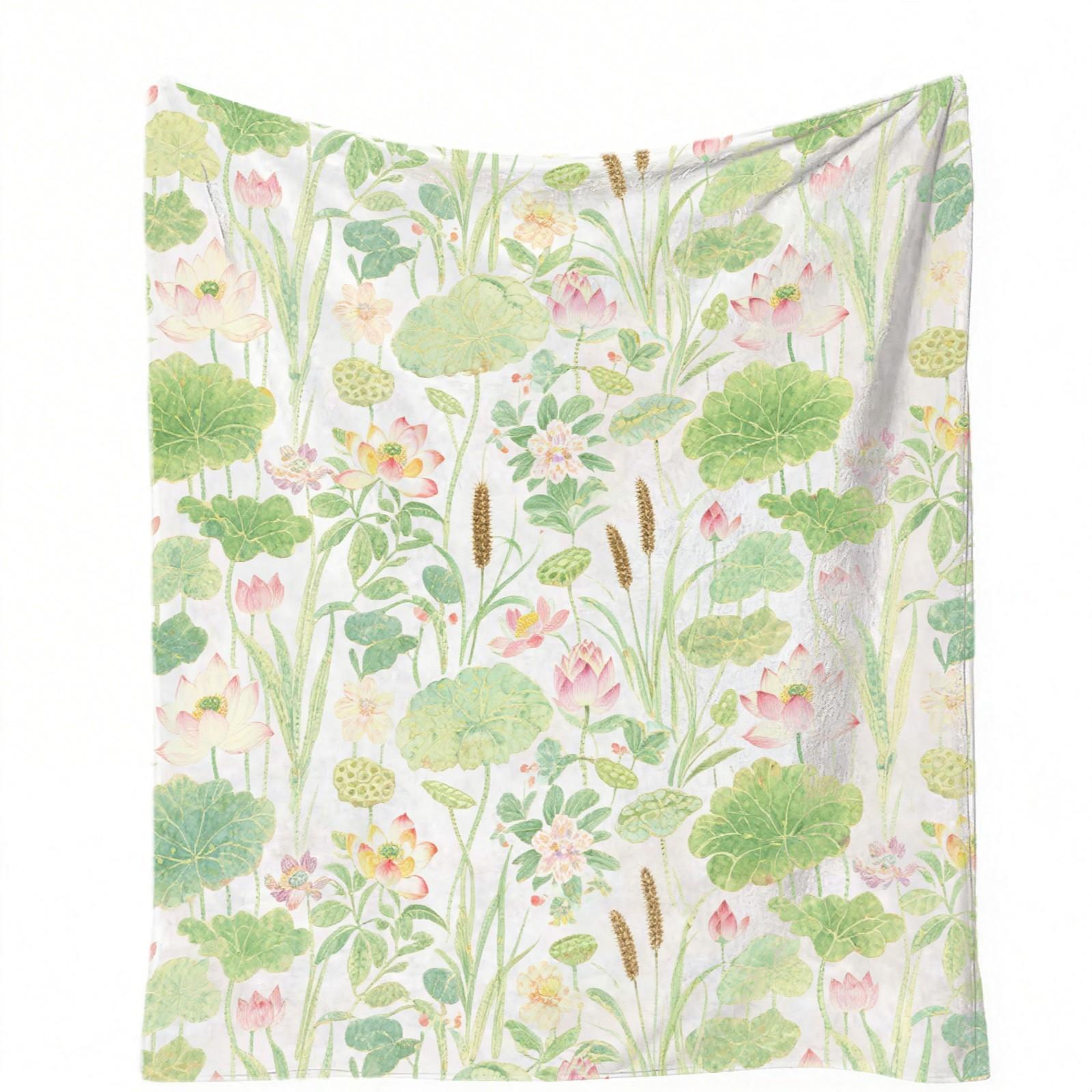 1 Piece Watercolor Lotus Pond Throw Blanket, HD Digital Single-Sided Printed Flannel Blanket, Super Soft Cozy Plush Warm Gift Blanket for Sofa Bed Travel Camping Decor