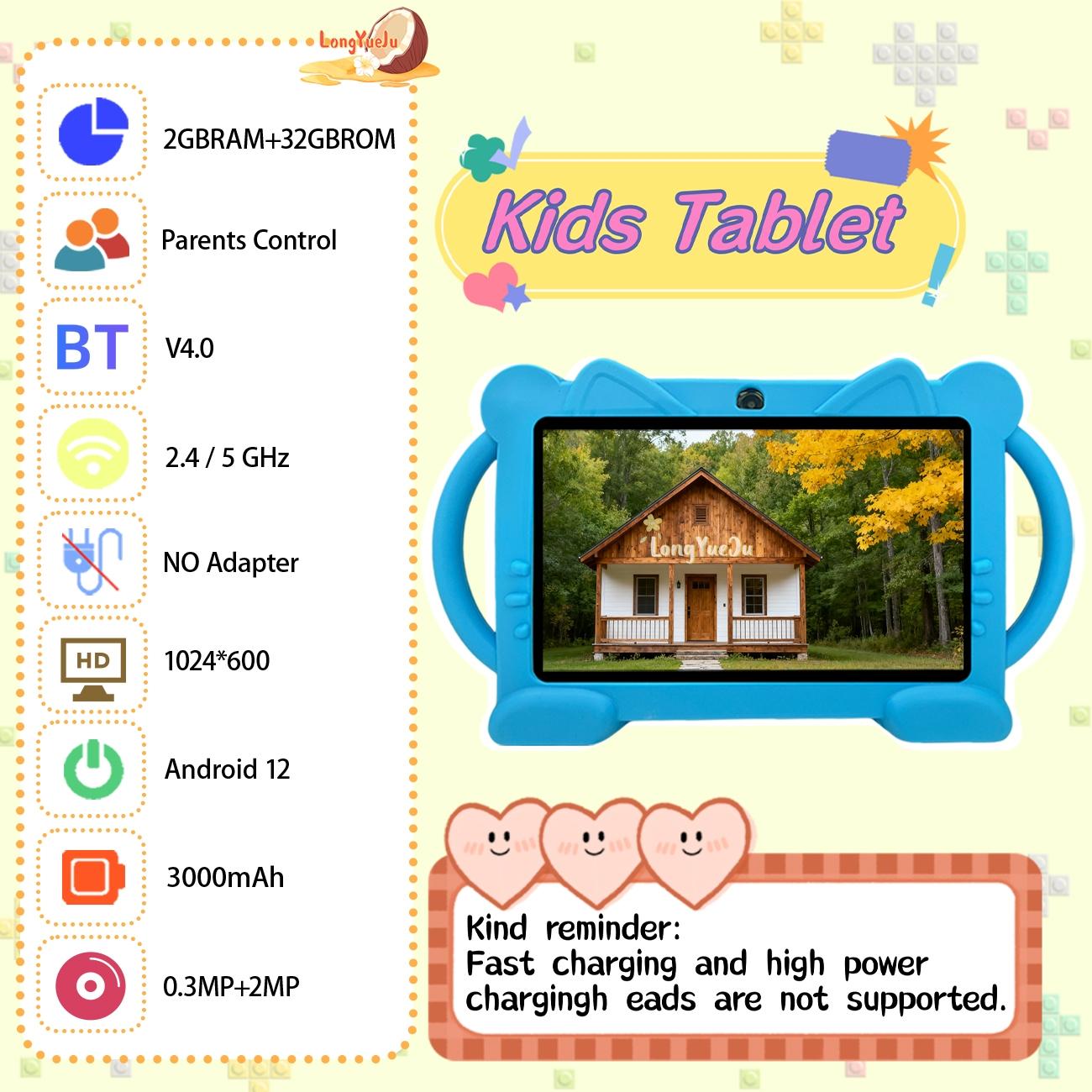 Interesting Smart Android Tablet, Android 12 for daily learning use, dual camera recording of life, parental control, anti fall and anti-collision, multiple applications, fast running, suitable for children and teenagers, no adapter, blue/pink