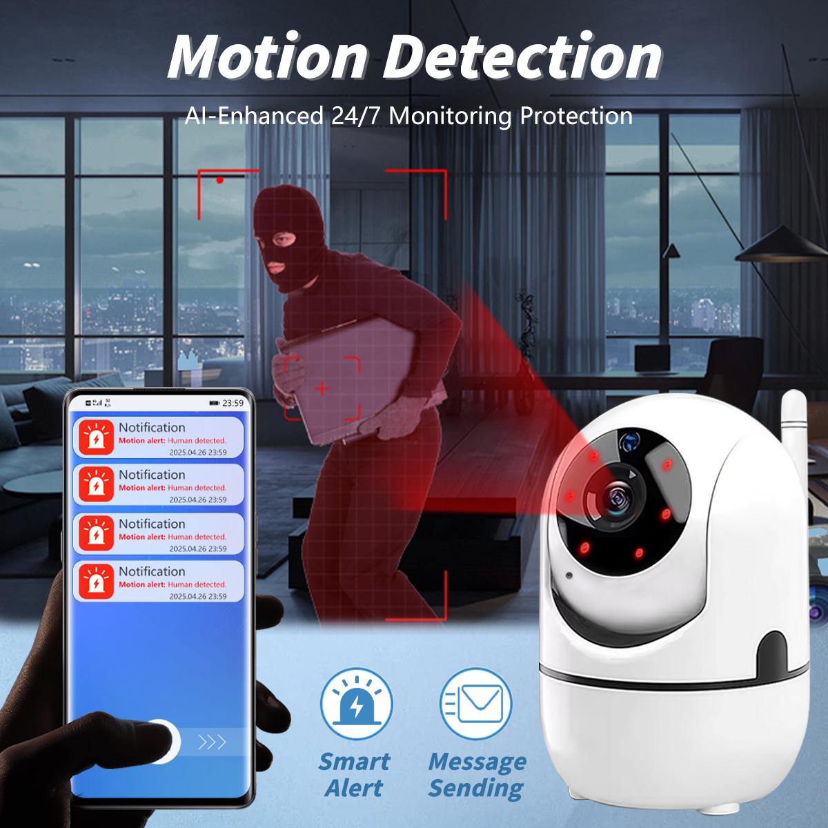 1080p Smart Security Camera, HD Quality, Infrared Night Vision, PIR Motion Detection, Baby/Pet Monitor Camera, Two Way Audio, 360 Degree for Home Security, 24/7 Continuous Recording, White Security Camera for Home/Warehouse/Store