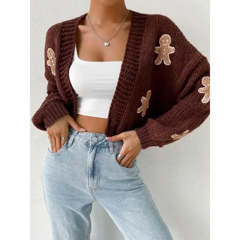 Women's Christmas Gingerbread Man Embroidered Cardigan with Drop Shoulder Cozy Cropped Knit Wrap for Holiday Season Knitwear Womenswear
