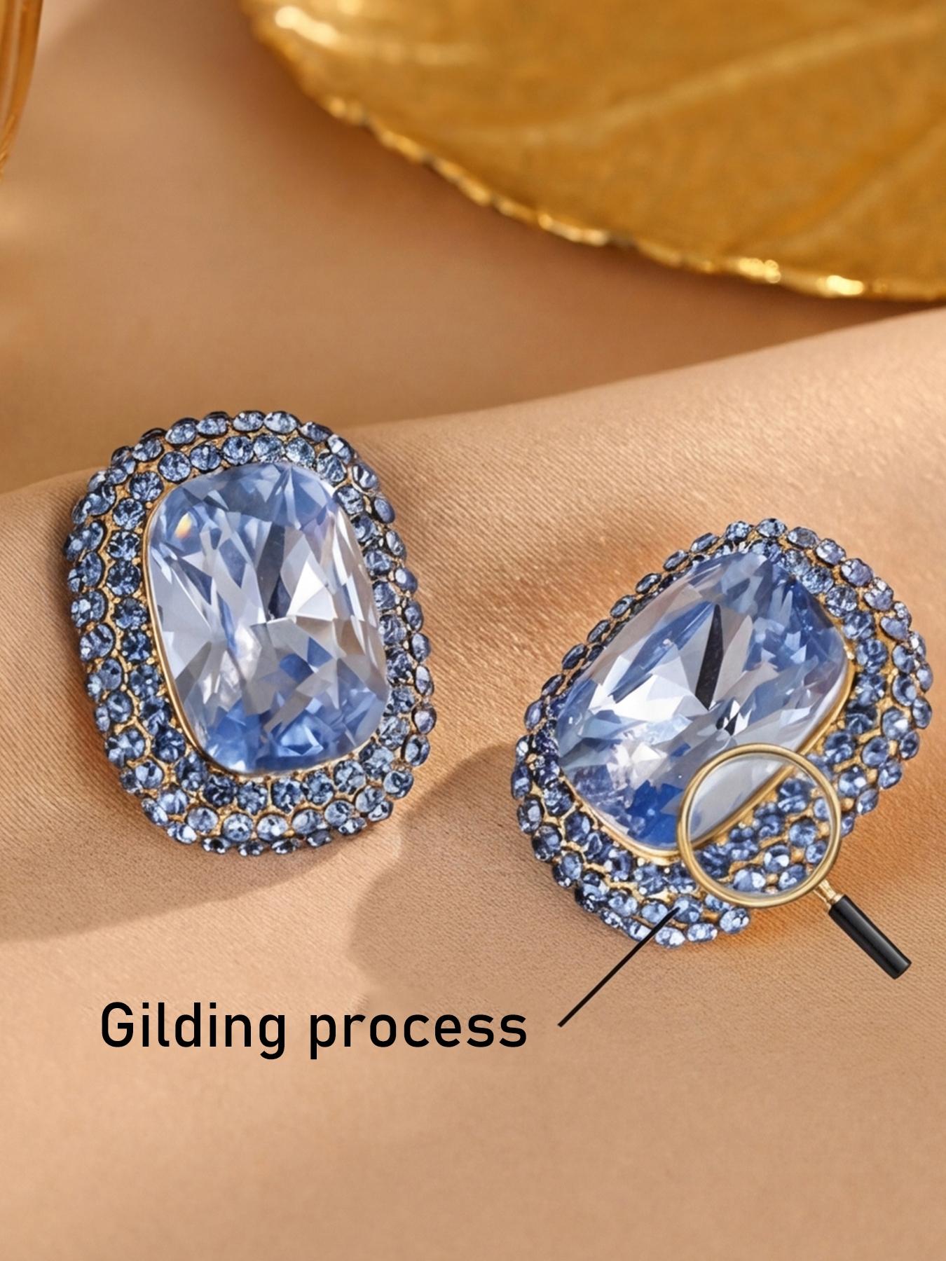 Women's Hypoallergenic Luxury Cushion Cut Blue Sapphire Crystal Stud Earrings, Gold Plated Halo Rhinestone Inlaid Statement Earrings for Evening Party Wedding Formal Wear & Gift