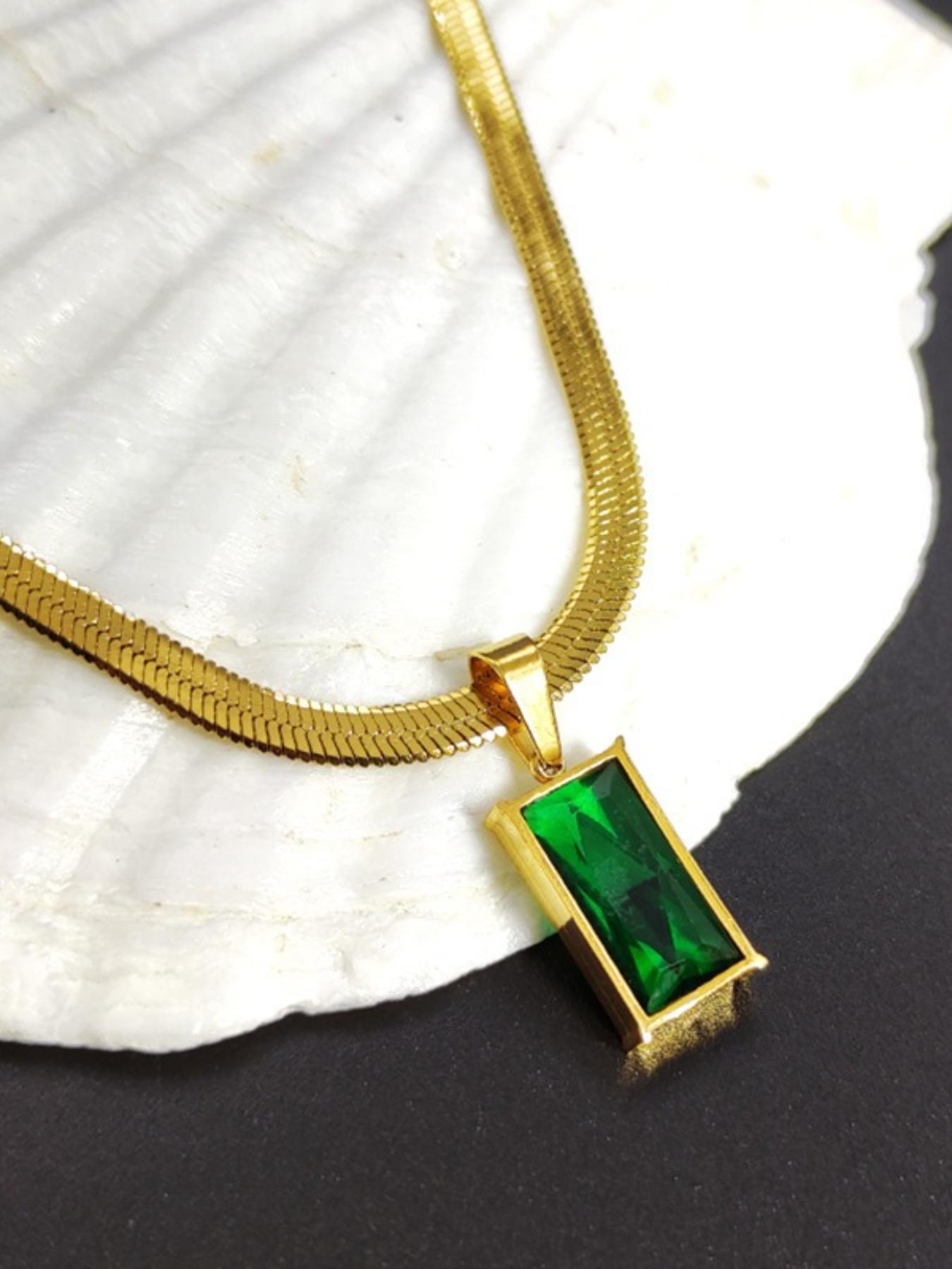 Luxury Gold Plated Green Gem Necklace Earrings Set, Elegant Emerald Jewelry for Women, Vintage Style Snake Chain Pendant Earrings, Perfect Gift for Her