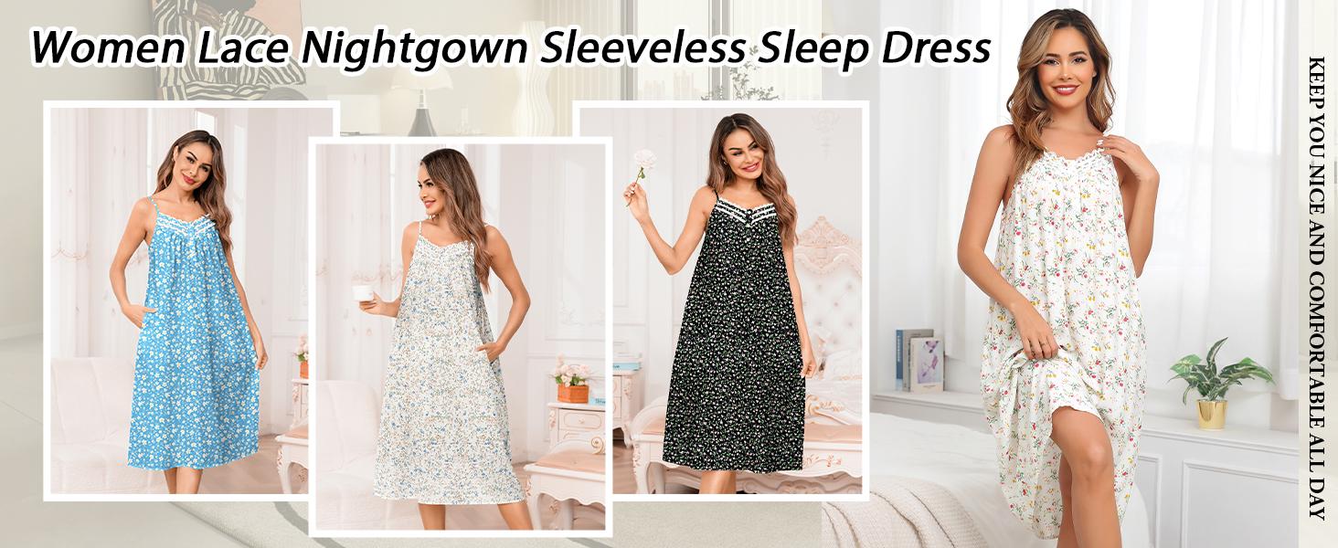 SWOMOG Women's Nightgown Sleeveless Lace Nightdress Adjustable Strap Sleepshirt V Neck Print Nightwear with Pocket S-3XL Loungewear Womenswear Bag Elegant Pajama Casual Party Style Rayon