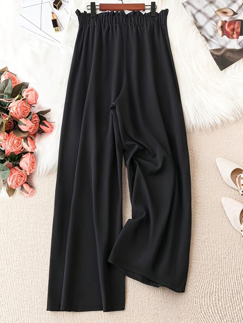 Plus Size Solid Knot Front Elastic Waist Wide Leg Pants, Casual Style Loose Trousers for Daily Wear, Women's Bottoms for Spring & Summer, Womenswear