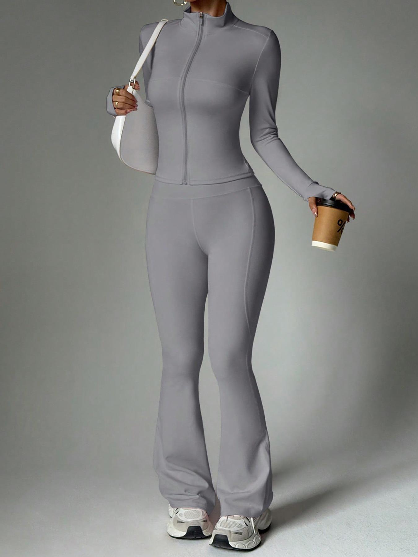 Women's 2-Piece Solid Color Set Long Sleeve Stand Collar Jacket with Thumb Holes, Breathable Yoga Athleisure Wear Set for Gym Outdoor Running Sweatsuit Set