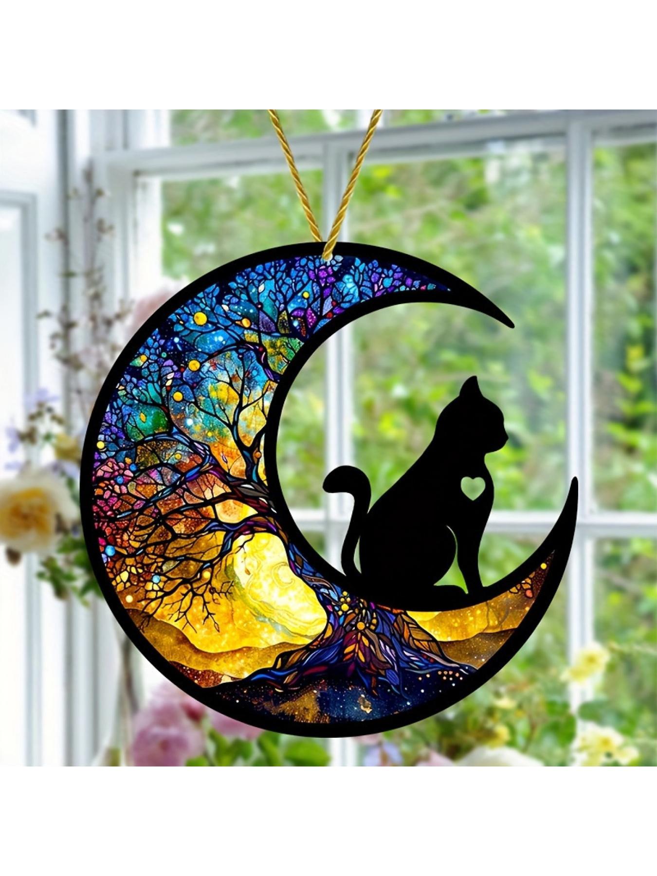 2D Flat Enchanted Cat Moon Phase Acrylic Suncatcher Painted Stained Glass Style Window Ornament Home Garden Decoration Ideal Gift for Mom and Friends