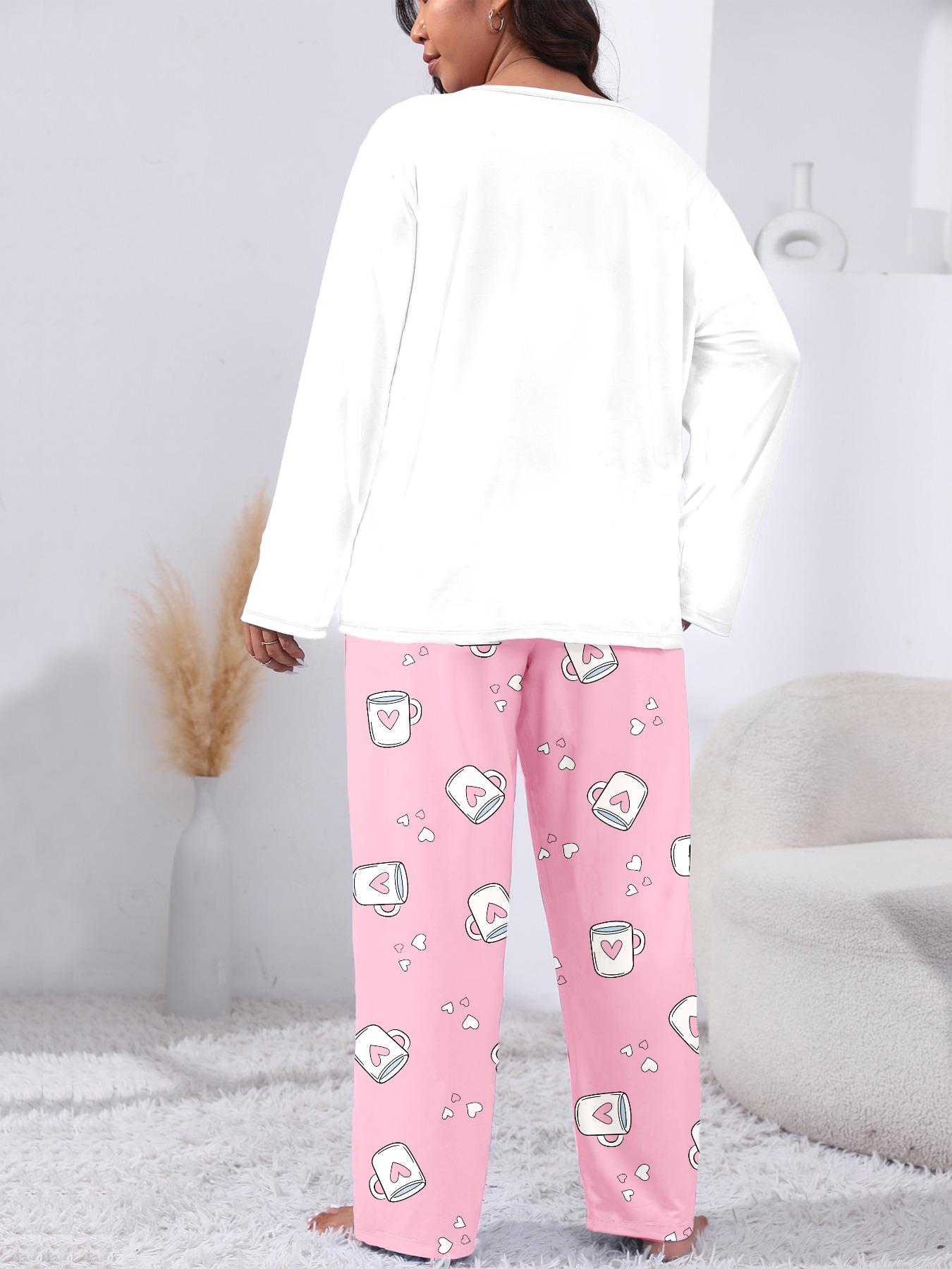 【Plus Size】 Two-piece Set Heart & Letter Print Tee & Pants Pajama, Casual Comfy Round Neck Long Sleeve T-shirt & Trousers Pajama Set, Women's Sleepwear for All Seasons