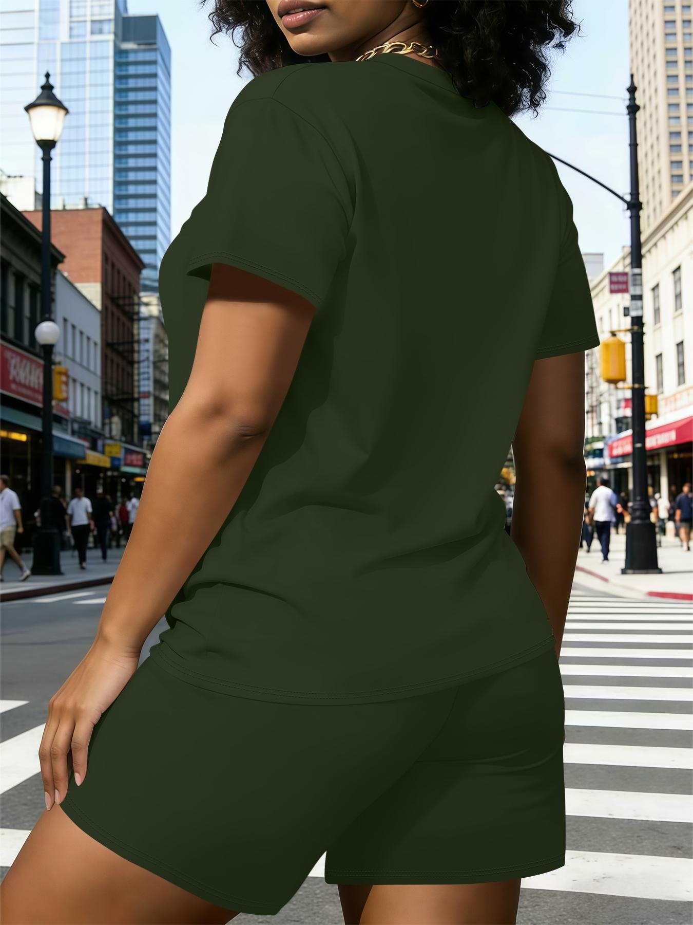 Plain two-piece set, plain typical Western hot girl style casual two-piece set, typical Western hot girl style casual two-piece set, plus size loose's clothing, crew neck T-shirt short sleeve   shorts set, comfortable casual fashionable elegant