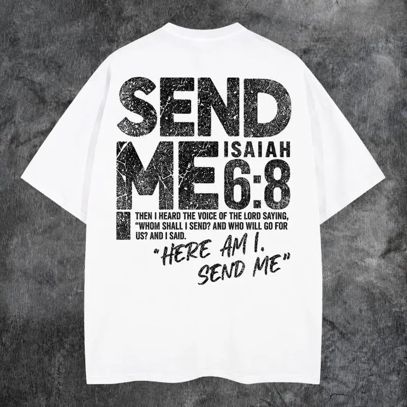 Mens Casual Short Sleeve T Shirt Christian Bible Verse Isaiah 6 8 Send Me Print Soft Cotton Tops for Daily Wear Street Religious Faith Outfit Summer
