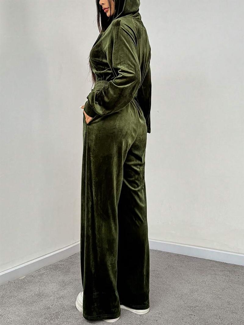 Women's Velvet Long Pants Set, Zip-Up Hoodie + Loose Fit Pants, Perfect for Sports Casual Home Wear, Autumn Winter