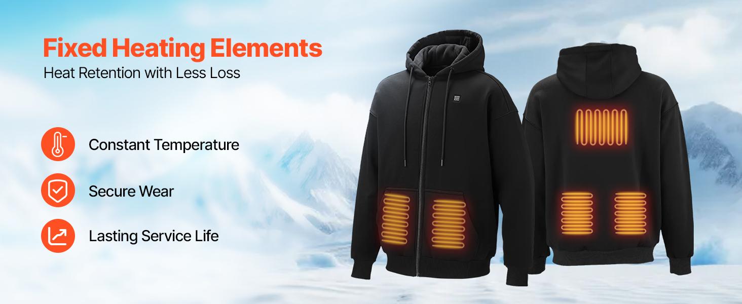 VEVOR Heated Jacket Hoodie for Men Women, Heated Sweatshirt Unisex Full-Zip with 7.4V 16000mAh Power Bank Pack, 5 Heating Zones, 3 Temp Levels, 4-8H Warmth, for Winter Outdoor Camping, Black, XL Size