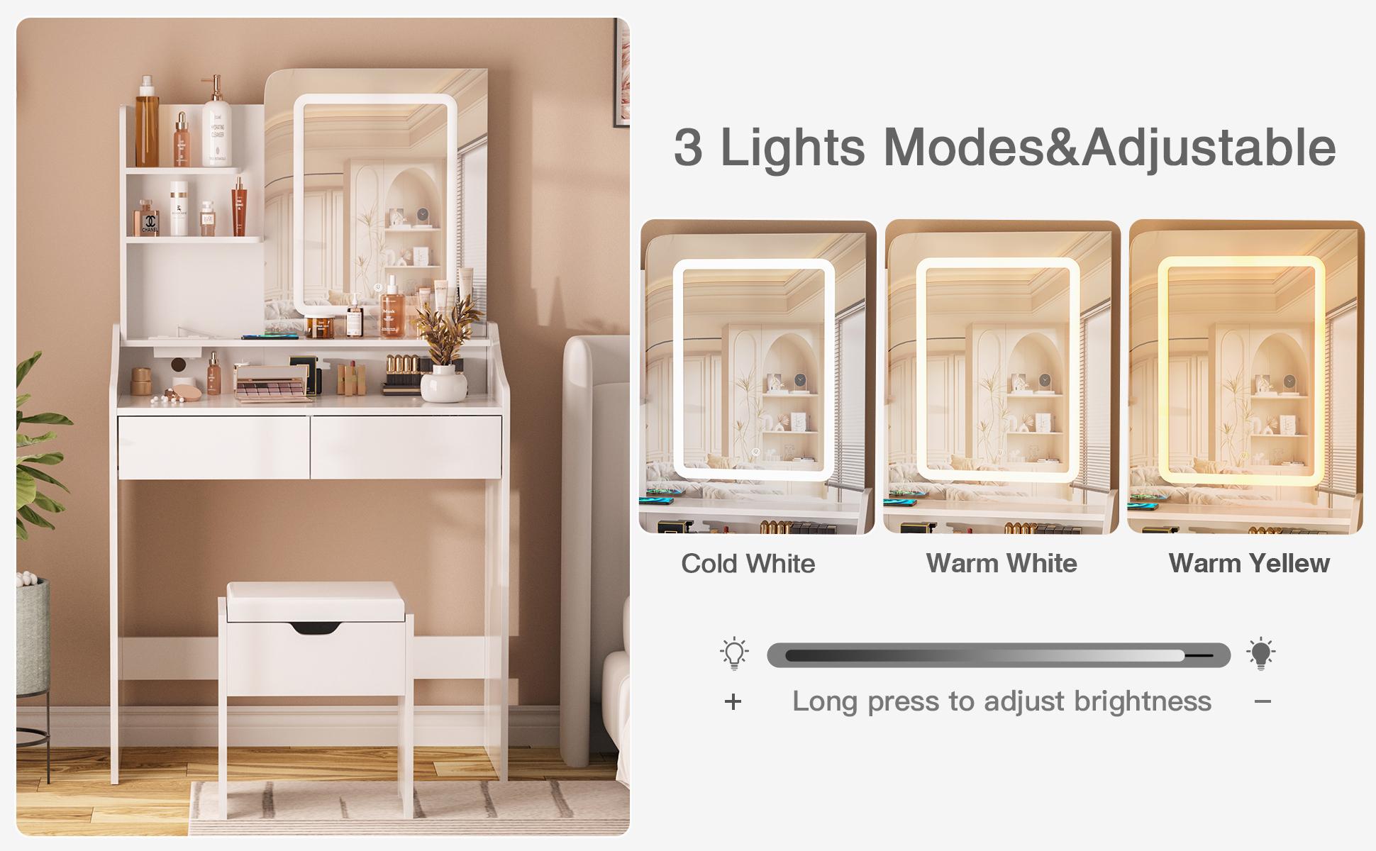 Vabches Vanity Desk with LED Light Mirror and Charging Station 30.3in, Small Vanity Set with 4 Storage Shelves 2 Drawers, Vanity for Girls Women with Storage Stool, Vanity Table for Bedroom