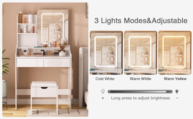 Vabches Vanity Desk with LED Light Mirror and Charging Station 30.3in, Small Vanity Set with 4 Storage Shelves 2 Drawers, Vanity for Girls Women with Storage Stool, Vanity Table for Bedroom
