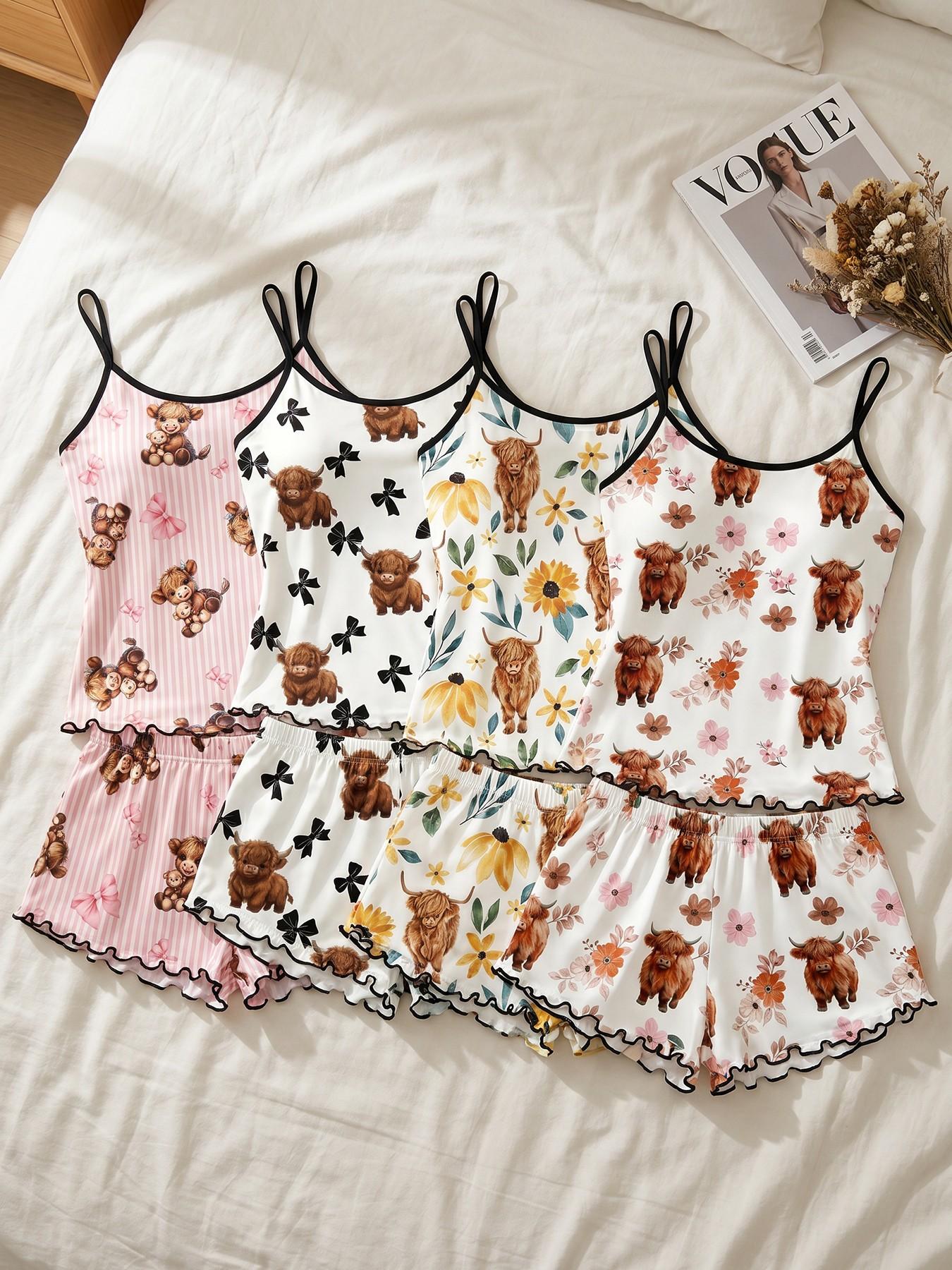 Women's 4 Piece Spaghetti Strap Cami Top and Shorts Pajama Sets, All Season Wear, Highland Cow Floral Bow Print Ruffle Hem, Highland Cow Aesthetic, Loose Breathable for Home & Casual Wear Camisole Sets