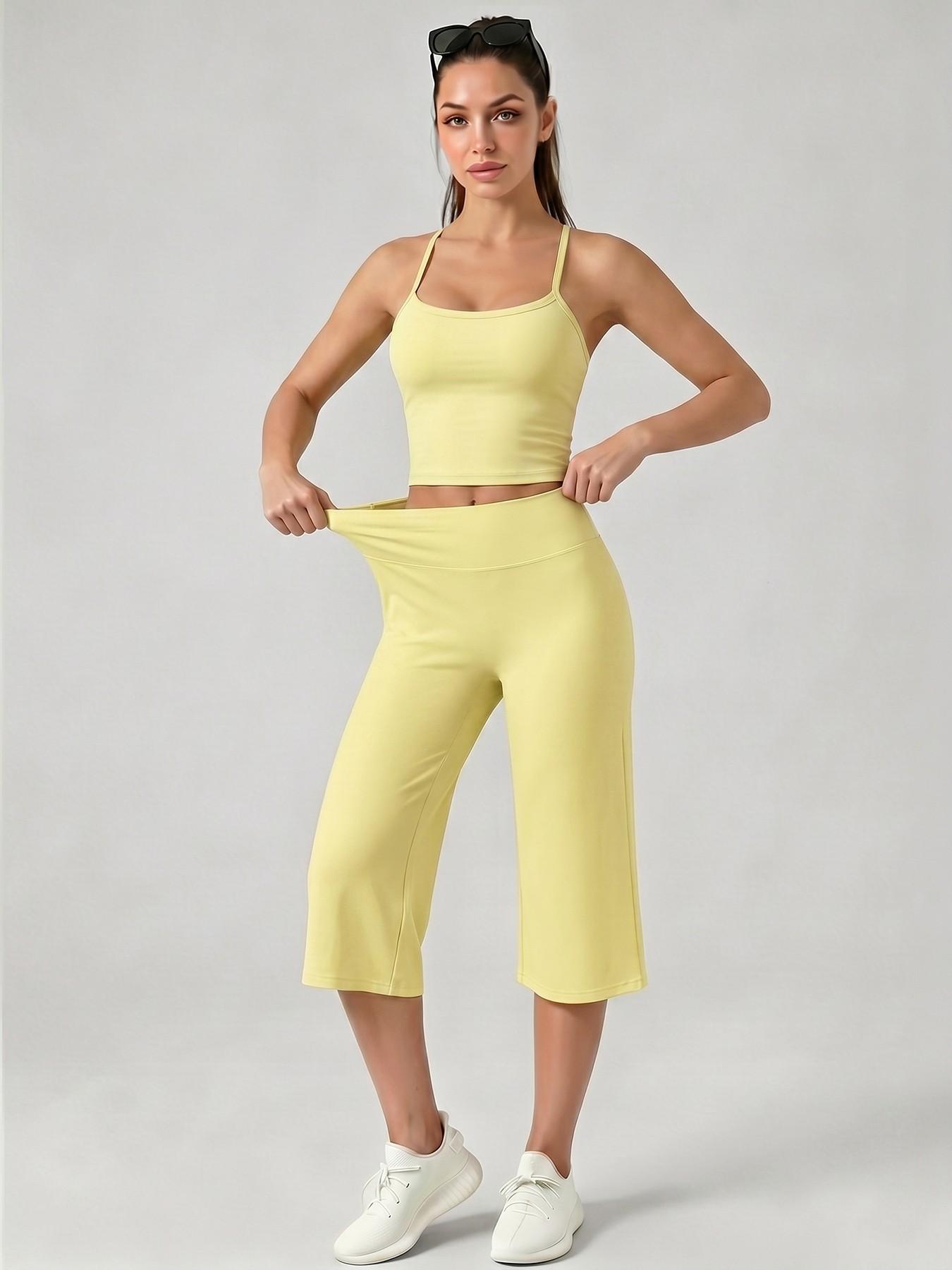 Women's Sporty Fitted Tank Top & High-Waisted Wide-Leg Pants Set, Breathable Solid Color, Ideal for Yoga, Casual Wear, Home Comfort, Athleisure Summer Clothes