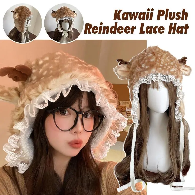 Kawaii Lolita Reindeer Deer Faux Fur Plush Hat Furry Boots Socks Cover Girl Cute Party Lace Deer Hat Costume Cosplay Bomber Hats