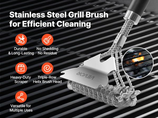 VEVOR Grill Brush and Scraper, BBQ Brush for Outdoor Grills, Stainless Steel Woven Wire, Bristle Free Barbecue Brushes for Porcelain, Charcoal, Grate Cleaner Grill Accessories, 17 in