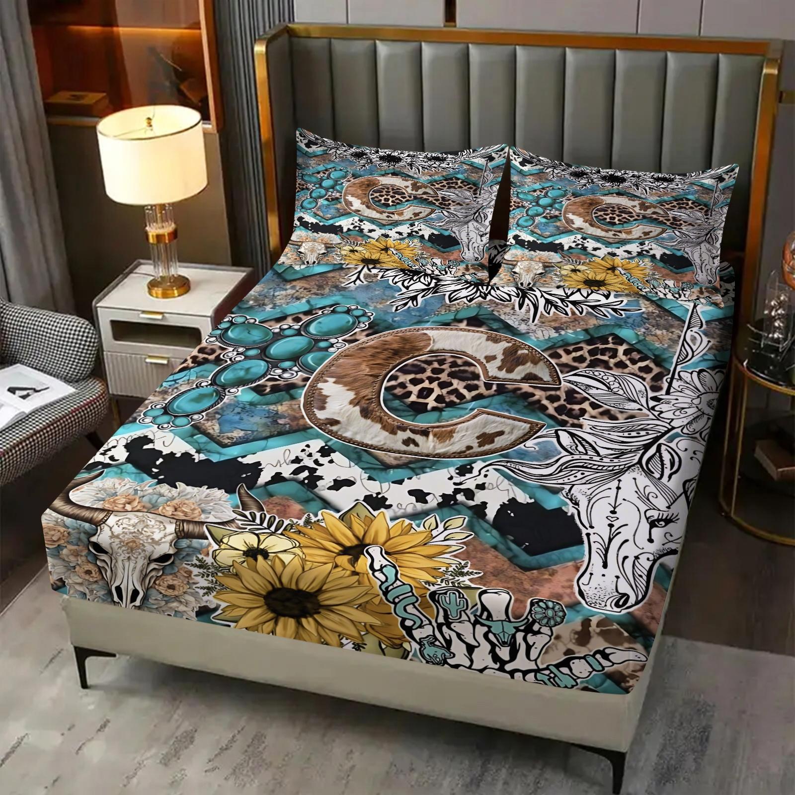 Western Retro Style Patchwork Letter C 3pcs Fitted Sheet Set,Featuring Bull Head, Sunflower,Leopard Print, Cow Print,Abstract Floral Elements Bedding Set,Comfortable Fiber Bed Cover,Perfect  Forclassic Retro  Decor!Includes 2 Pillowcases,No Pillow Core.