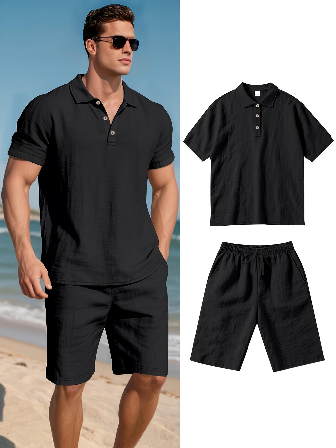 Men's 2-Piece Classic Linen Fabric Polo Shirt & Shorts Set, Short-Sleeve Quick-Dry Breathable Casual Outdoor Evening Clothes, Plain Menswear Outfit
