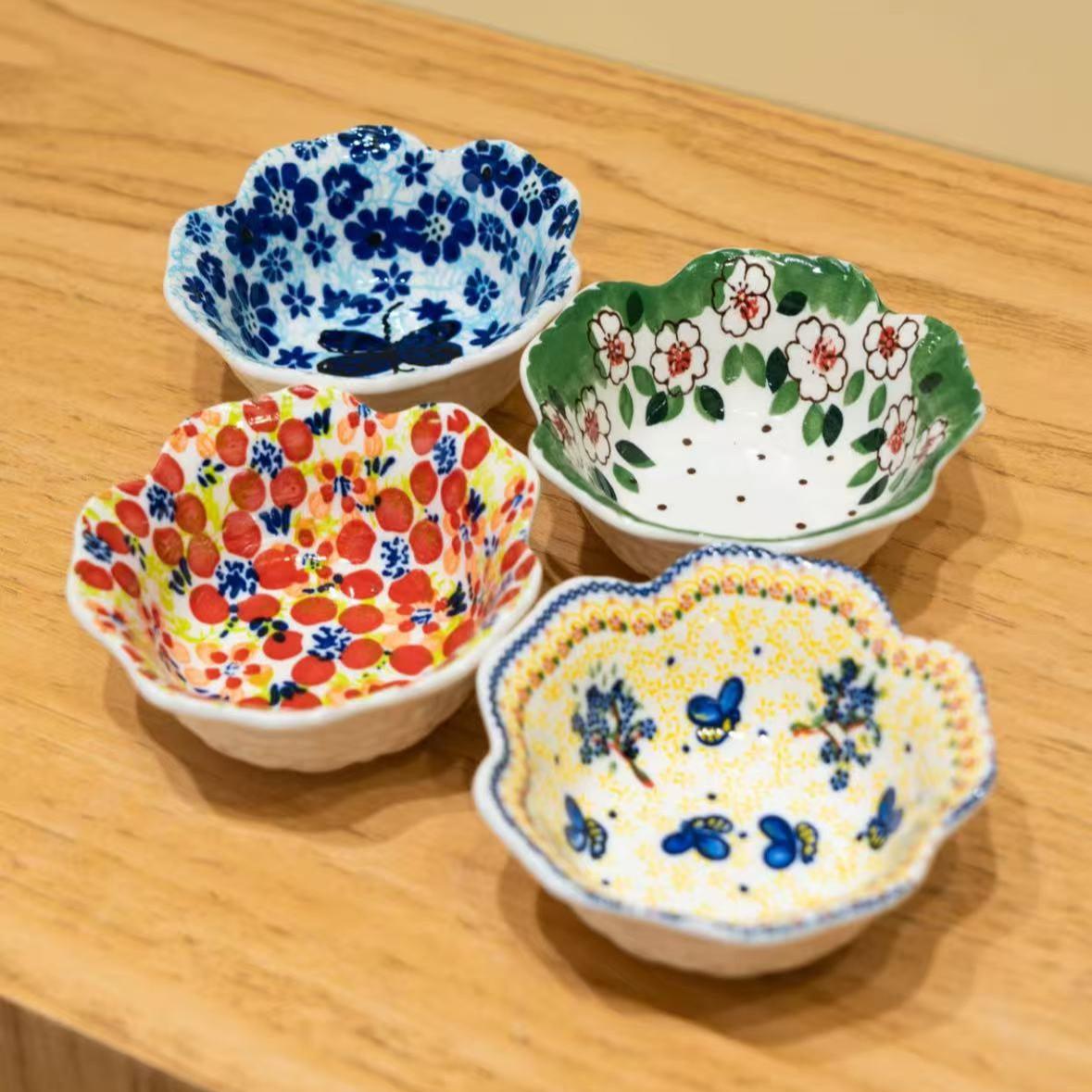 Bohemian Style Ceramic Dipping Sauce Dish Set, Creative Petal Edge Condiment Bowls, Multi-Functional Soy Sauce Vinegar Snack Plates Kitchen Utensils