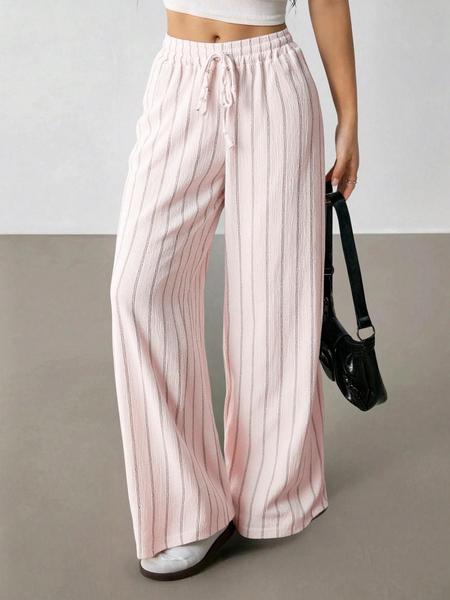 Valentine's Day Women's Striped Waist Tie Straight Leg Loose Casual Pants, Fitted Style, Moderate Fabric Thickness, All Seasons Wear