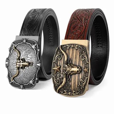 BELTROAD Men's 2-Pack Vintage American Traditional Assorted Color Western Embossed Adjustable Belts - Automatic Cowboy Buckle, Ratchet Adjuster for Casual & Formal Use, Belt Buckle