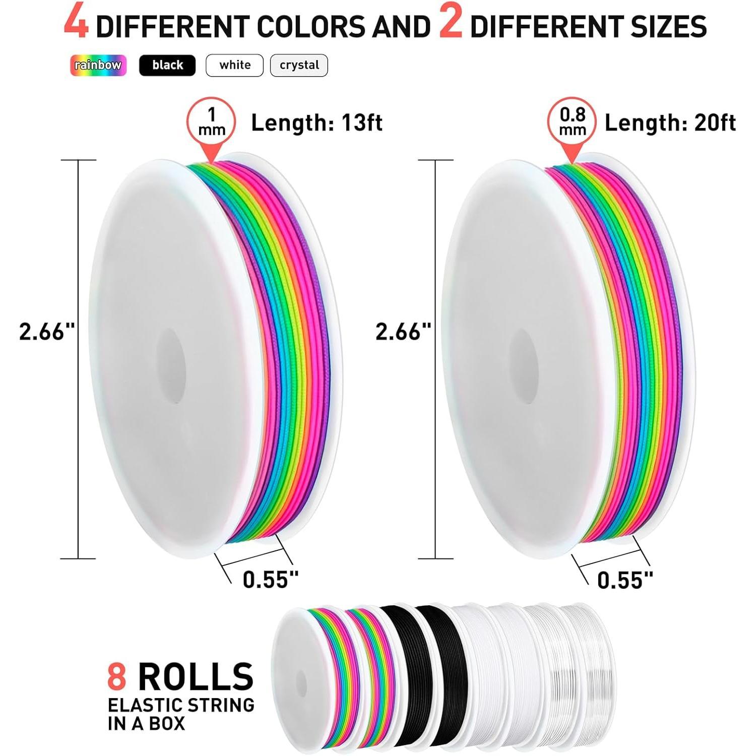 8 Pack Elastic String Set for Bracelets, 0.8mm & 1mm Multi-Color Stretchy Bead Cord for  Making, Beading, DIY Crafts and Necklaces - 132ft  (Rainbow, Clear, White, Black)