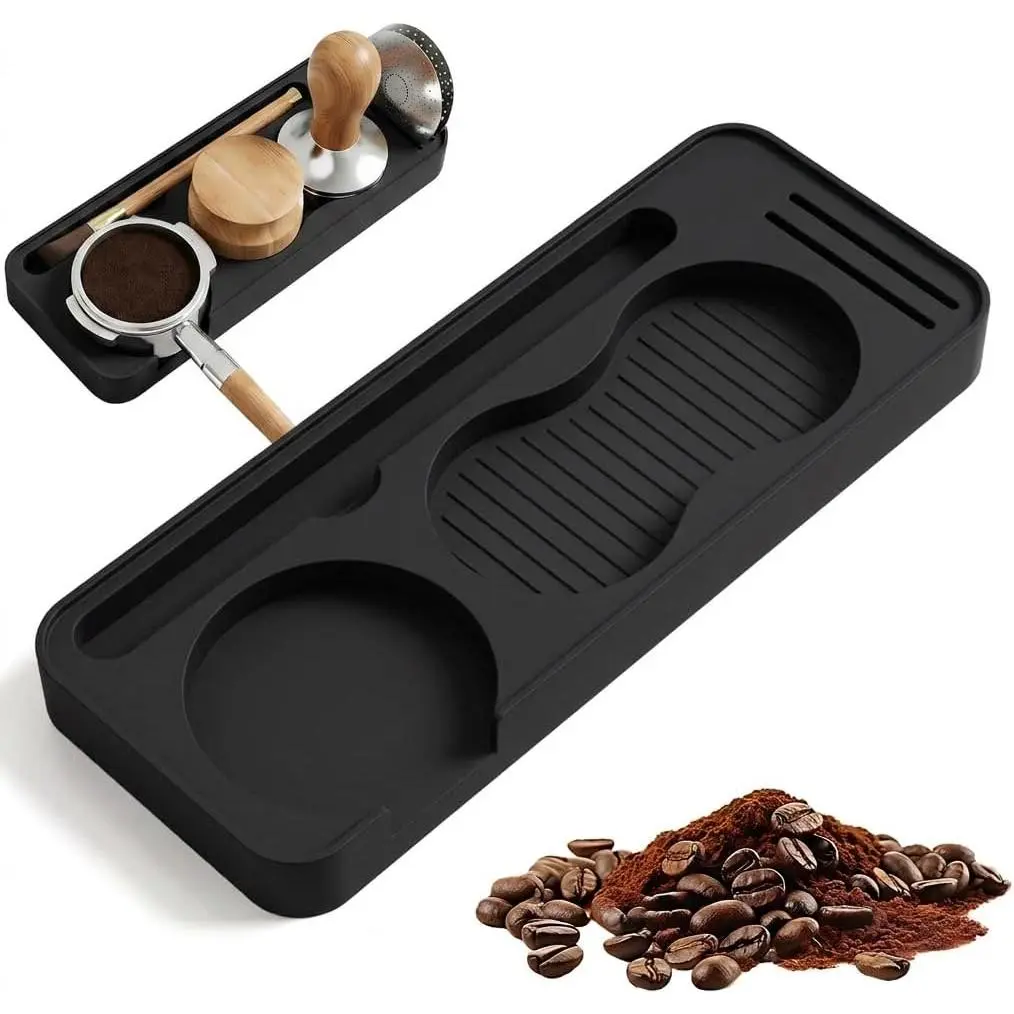 Espresso Tamping Mat,  Coffee Tamper Mat for Countertop, Non-Slip Heat Resistant Portafilter Mat for Espresso Machine Accessories, Dishwasher Safe Tamp Station (9.45" x 3.7", Black)