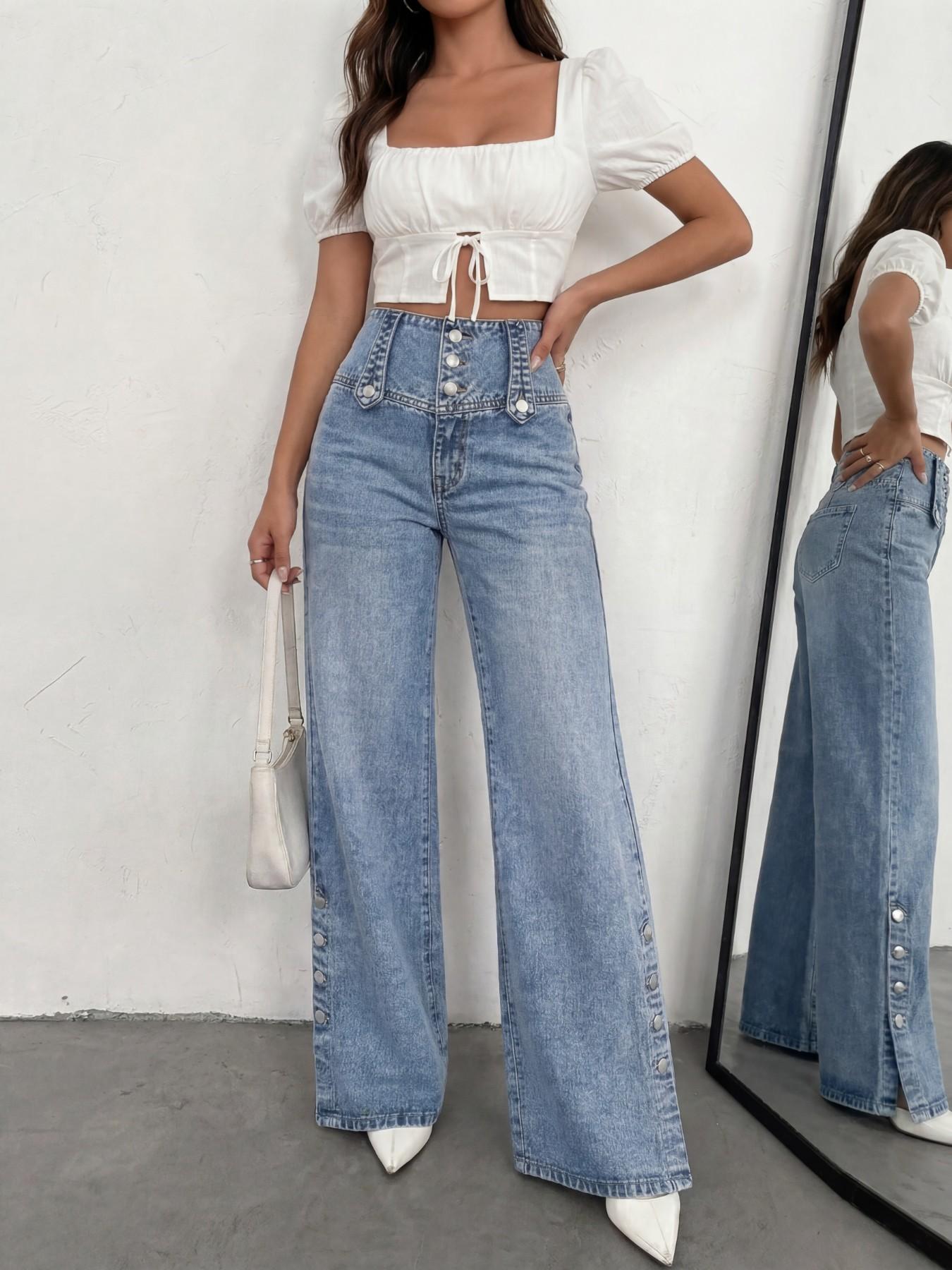 Women's Four-Season Casual Plain Denim Fashion Aesthetic Side Split Button Daily Commute Versatile Fit Mid-Waist Blue Pocket Jeans Pants, Trendy and Comfortable