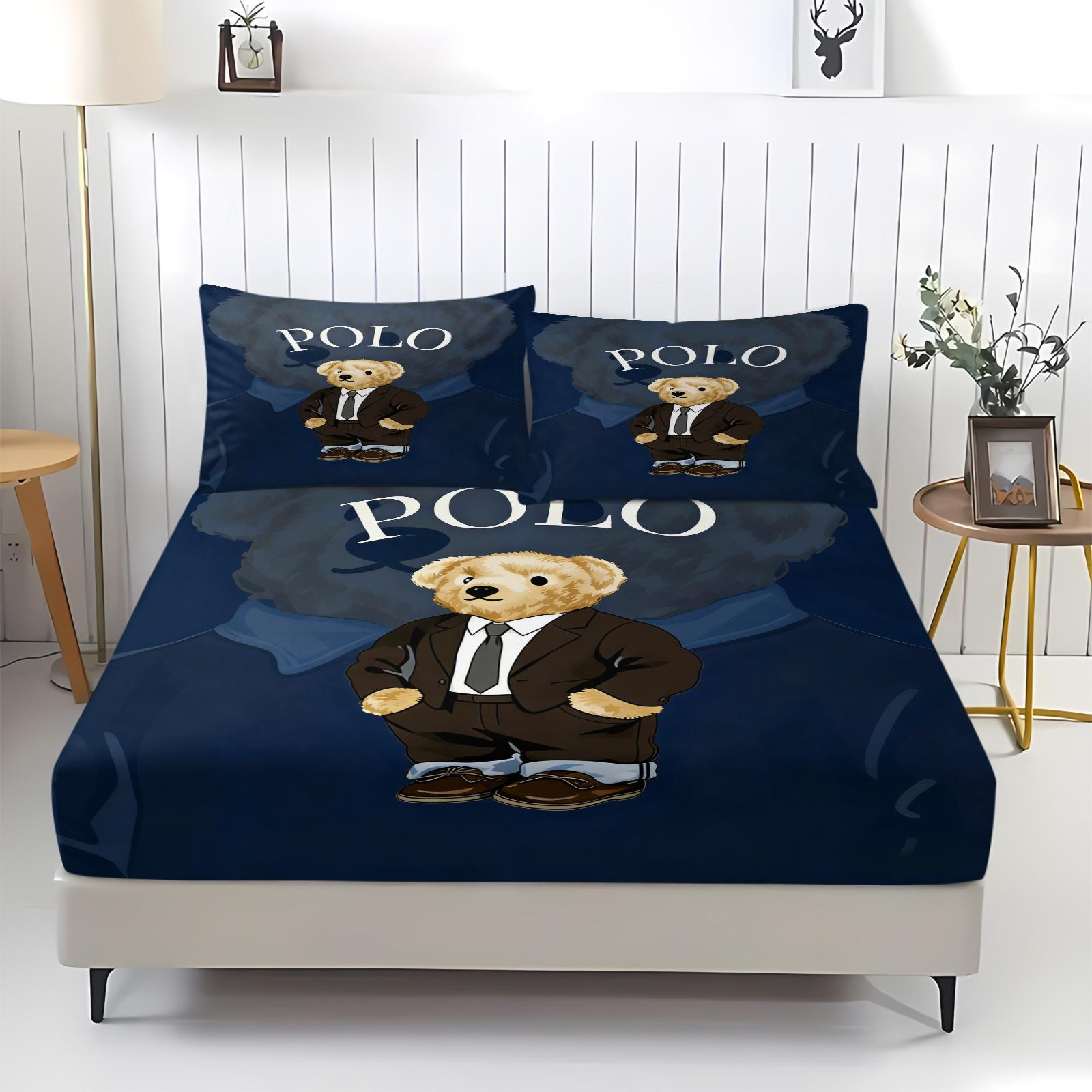 Teddy Bear Pattern Bed Sheet, Comfortable Printed Pattern, Includes 1 Bed Sheet and 2 Pillowcases, Comfortable Bedding, Non slip Dust Cover Suitable for Bedroom and Guest Room, Suitable as a Gift for Children or Adults