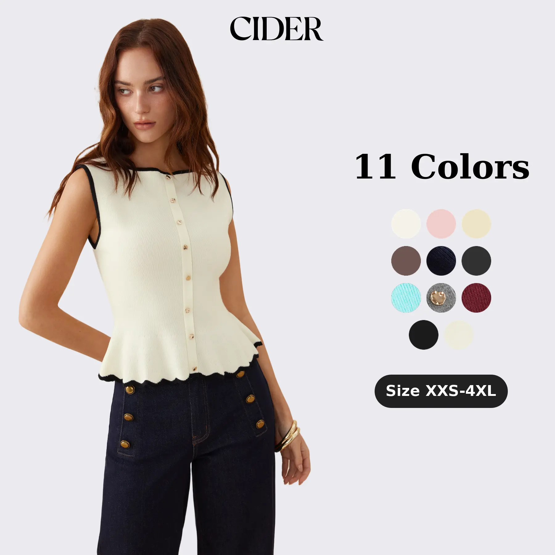 Cider Knit Boat Neck Colorblock Ruffled Hem Metal Button Vest