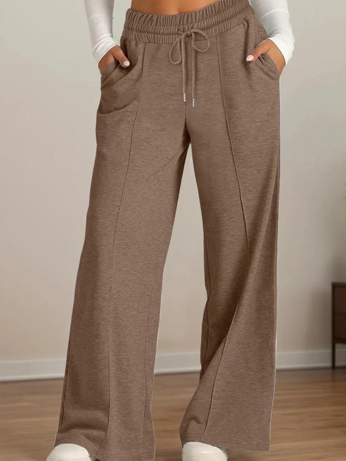 Women's Plain Drawstring High-Waisted Wide-Leg Pants, Loose Fit, Casual with Pockets, Elastic Waist, All Seasons, Daily Wear, Outerwear, Home Wear