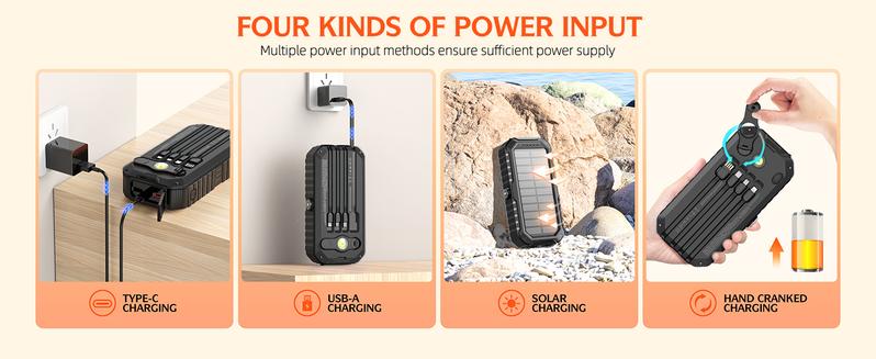 Solar Charger Power Bank 40000mAh Built in 4 Cables and Hand Crank, Portable Charger 22.5W Fast Charger 6 Outputs & 4 Inputs External Battery Pack with Bright Flashlight and Compass