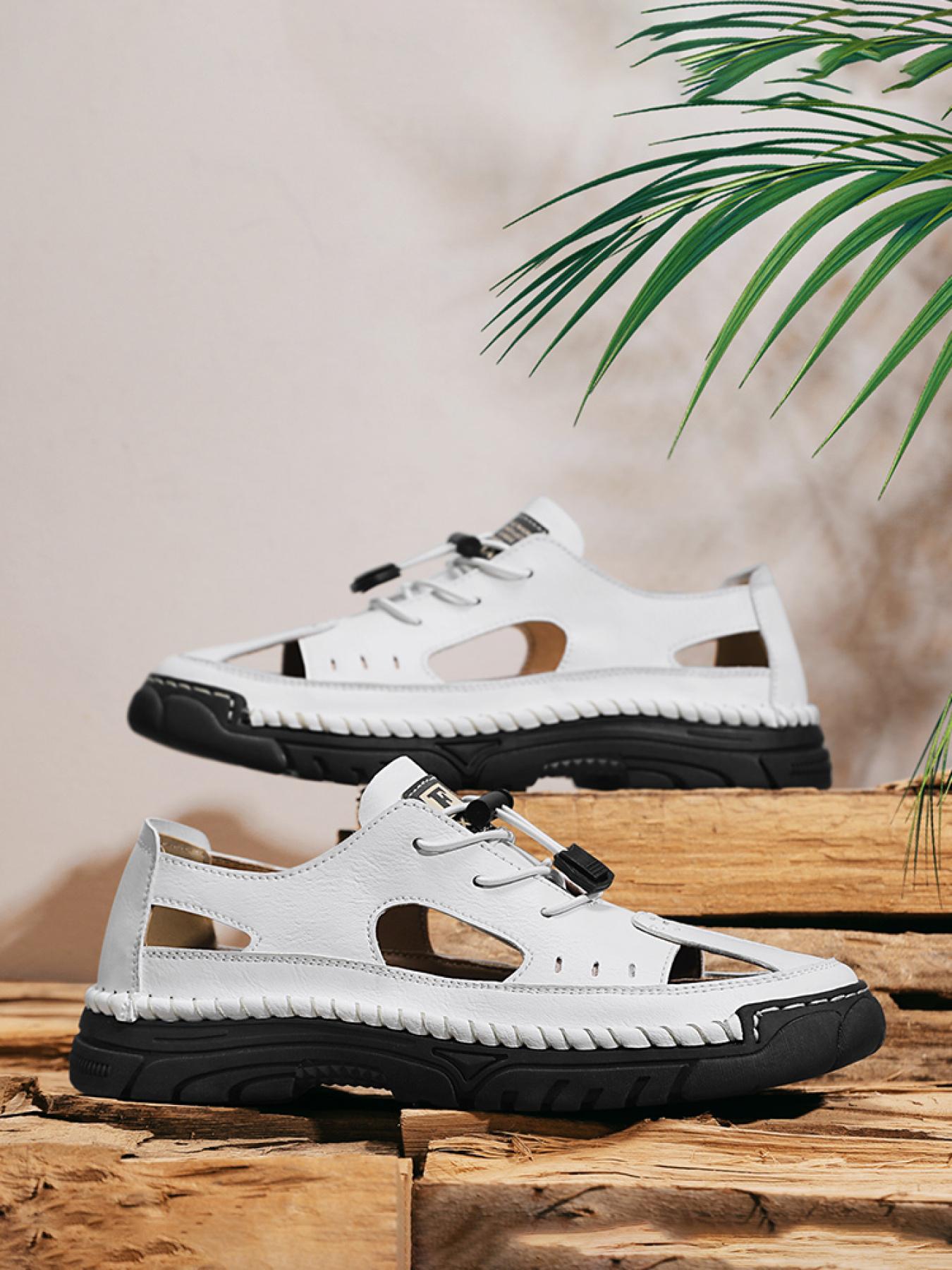 Men's Solid Color Hand-Stitched Closed-Toe Sandals Drawstring Soft Sole Water Shoes Breathable Slip-On Outdoor Beach Shoes