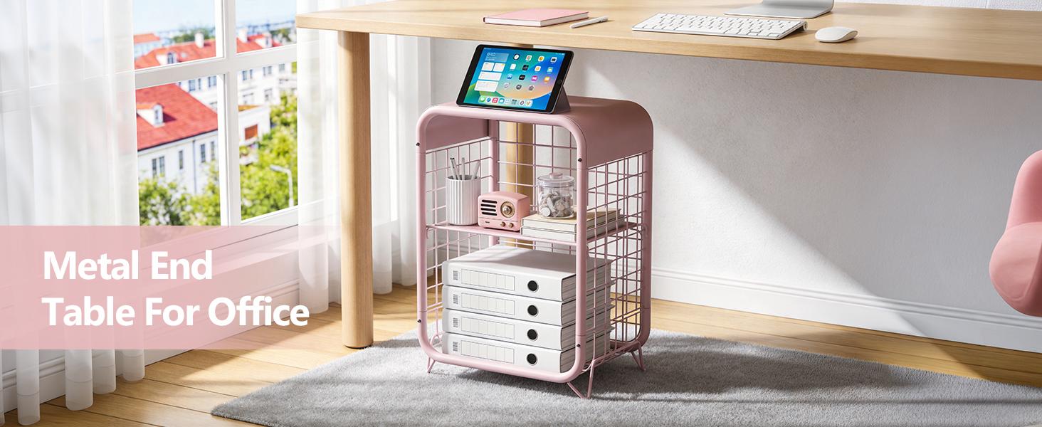 Cute Nightstand, Metal End Table, Side Table with Storage, 3-Tier Narrow End Table for Girls, Small Beside Table for Bedroom, Living Room, Office, Decor, Pink