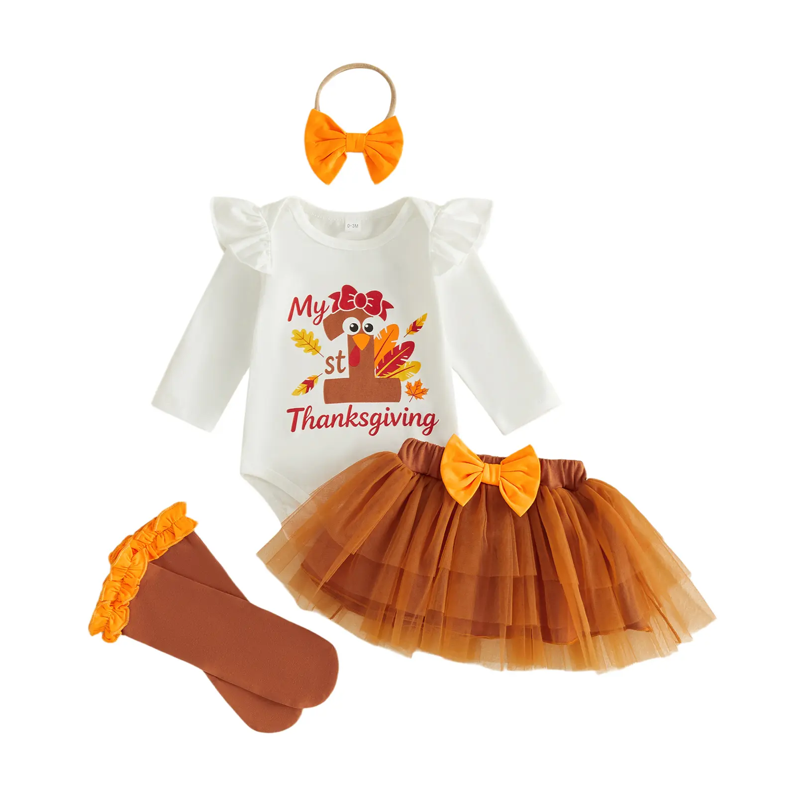 REDWOON Infant Baby Girls My First Thanksgiving Outfit Ruffle Long Sleeve Bodysuit Tulle Tutu Skirt Bow Headband and Ruffle Socks 4 Piece Set