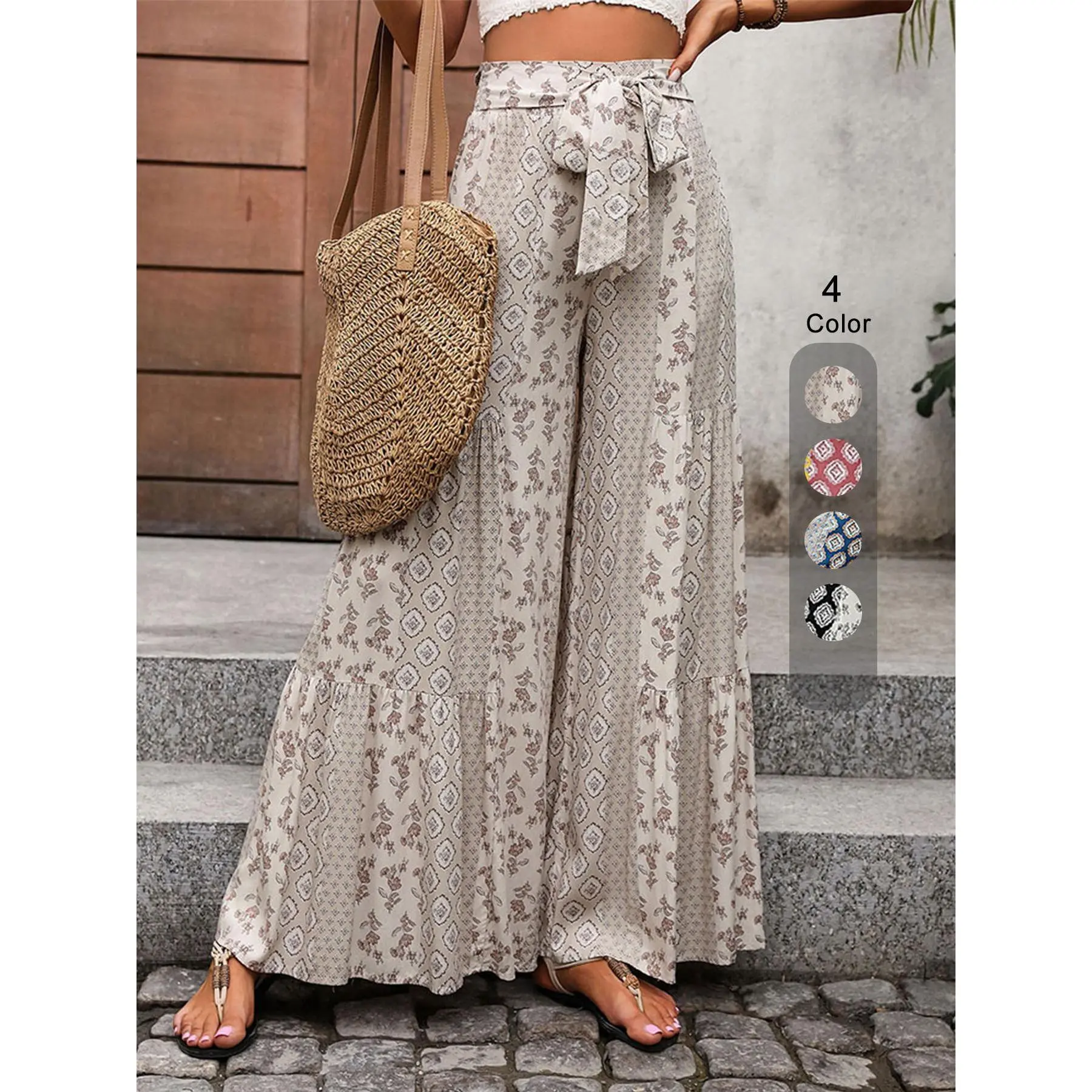 Women's Bohemian Floral Patchwork Wide Leg Pants - Elastic High Waist Tiered Flowy Palazzo Bottoms with Self-Tie Belt, Casual Comfortable Simple Summer Beach Printed Trousers