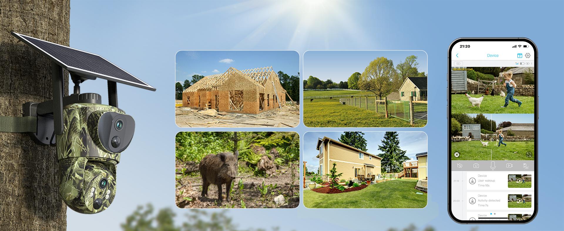 Dual Lens Linkage 4G LTE Cellular Trail Cameras DC24S-Solar Powered Surveillance, 360° Pan Tilt,2K Live View, No WiFi, Cellular Data Replenishment Required