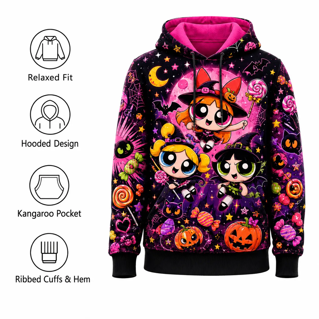 Powerpuff Girls Hoodie Halloween Graphic Sweatshirt Cute Witch Print Pullover Fall Party Outfit Gift