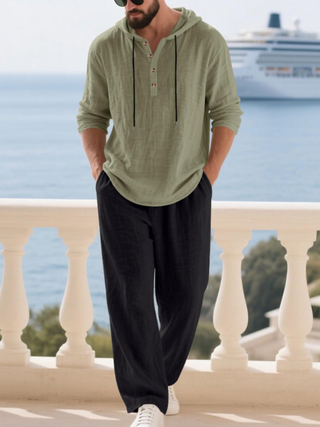 Men's Linen Set Spring Summer 2026, Beach Vacation Casual Style, Lightweight Breathable Hooded Shirt and Straight Leg Pants Two-Piece