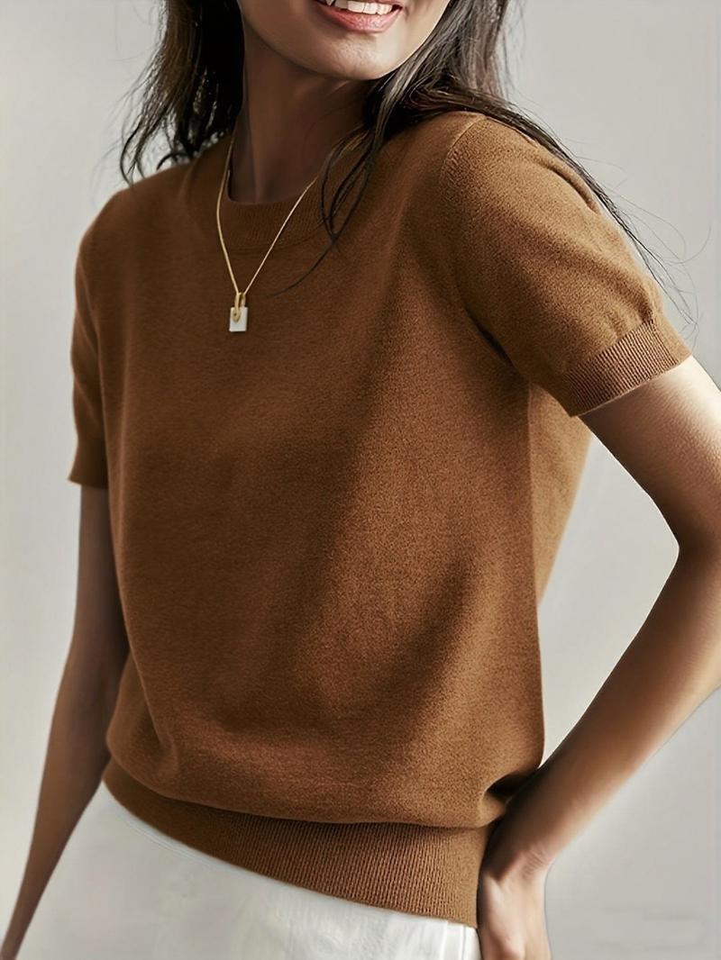 Women's Solid Color Crew Neck Short Sleeve Sweater, Casual Basic Knit Pullover for Spring & Fall, Fashion Women's Knitwear for Daily Wear, Womenswear